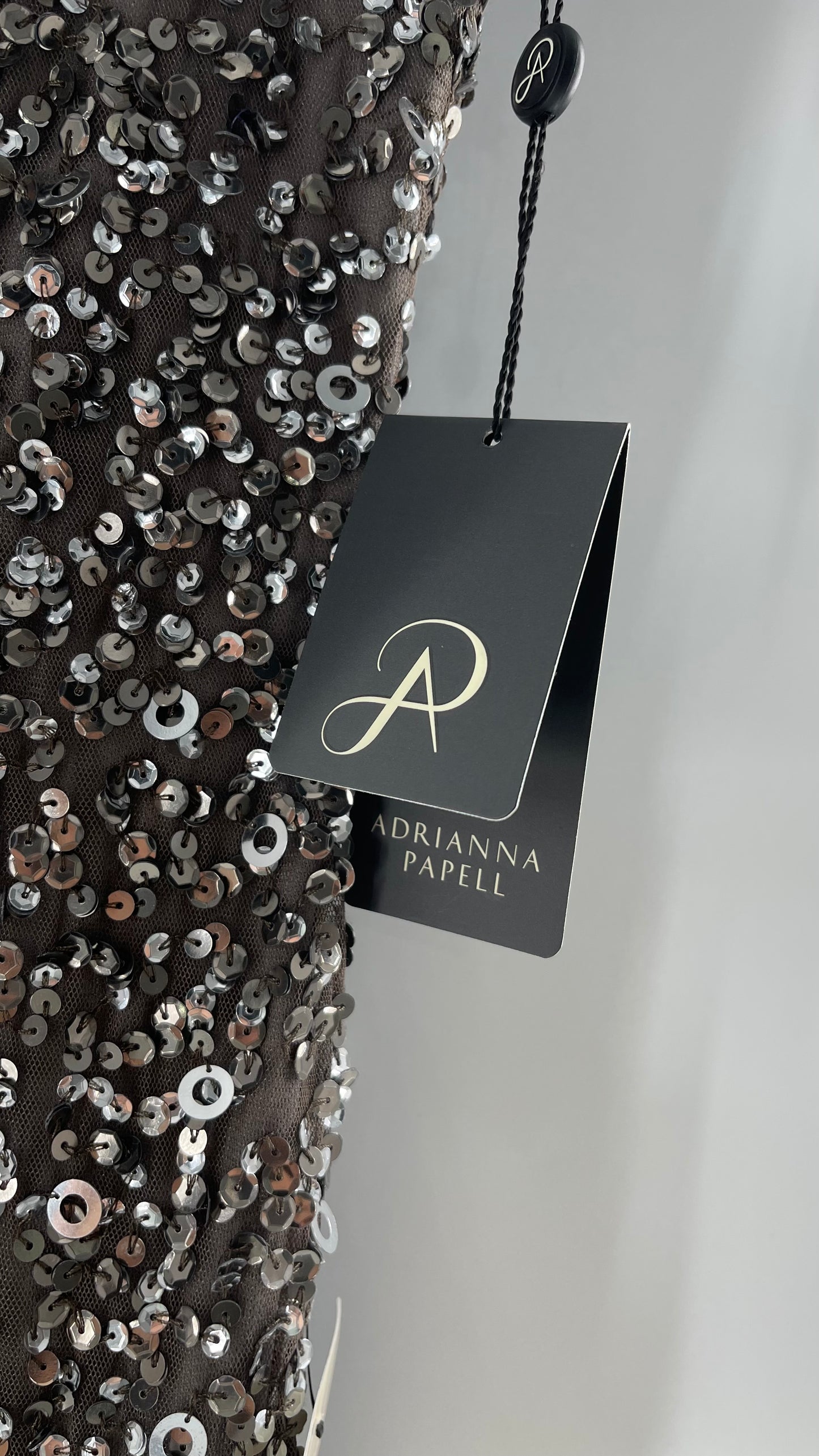 Adriana Papell Grey/Silver Short Sleeve Mini Dress Covered in Beads and Sequins (6)