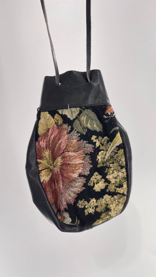 Vintage Floral Tapestry and Black Genuine Leather Pouch Satchel Purse