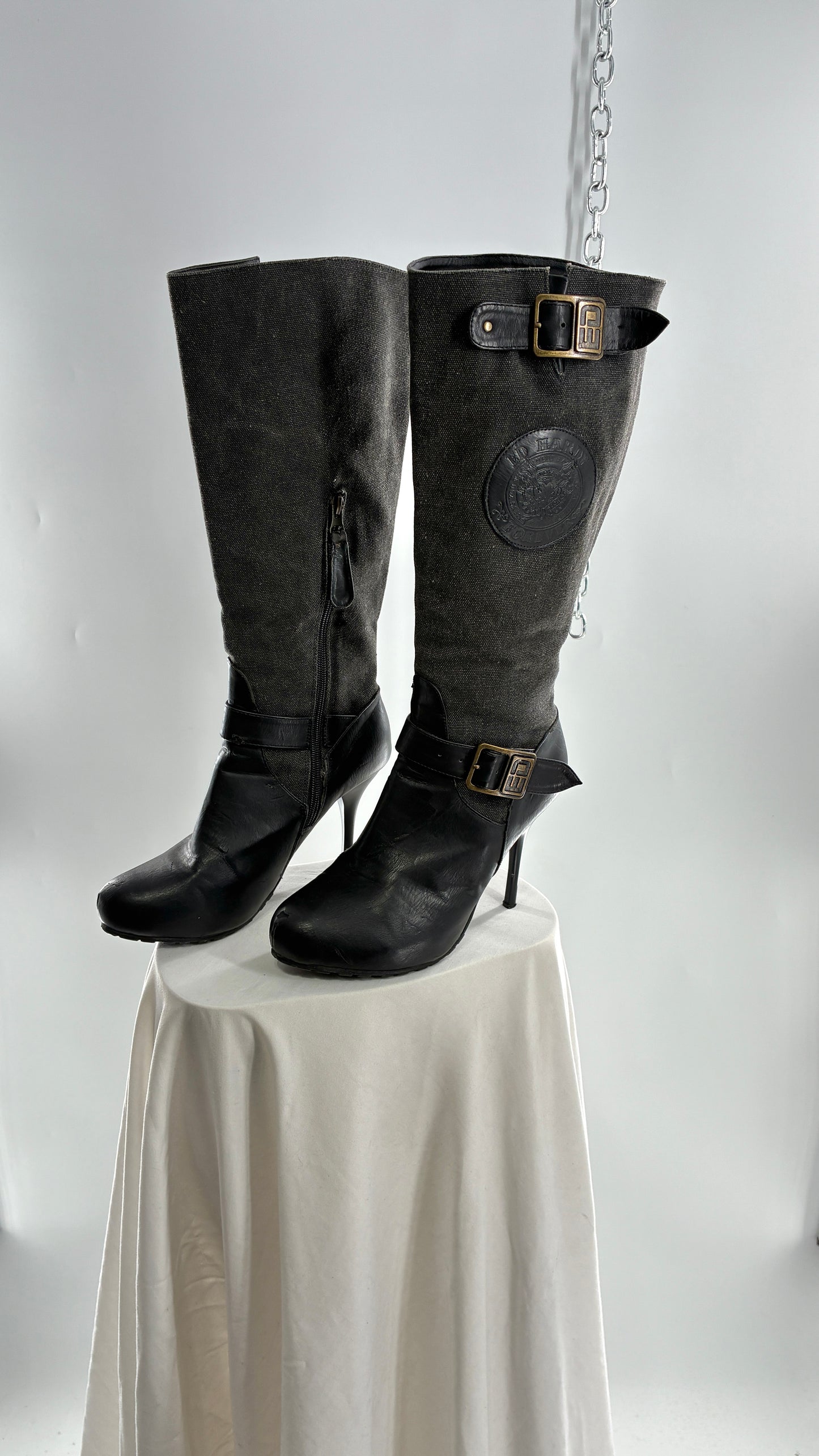 Vintage ED HARDY Stiletto Boots with Embossed Buckles and Badges (9)