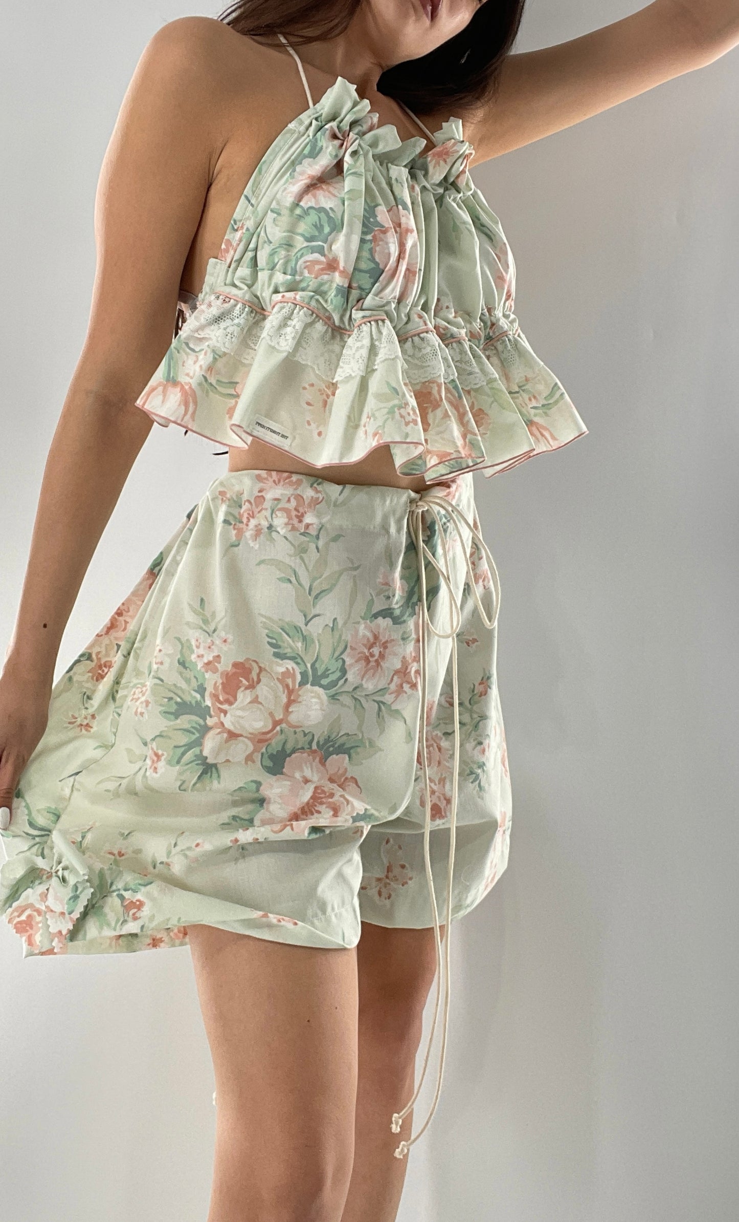 Vintage 2 Piece Bloomers and Babydoll Blouse Set Covered in Delicate Florals, Ruffles, Bows and Lace (One Size)