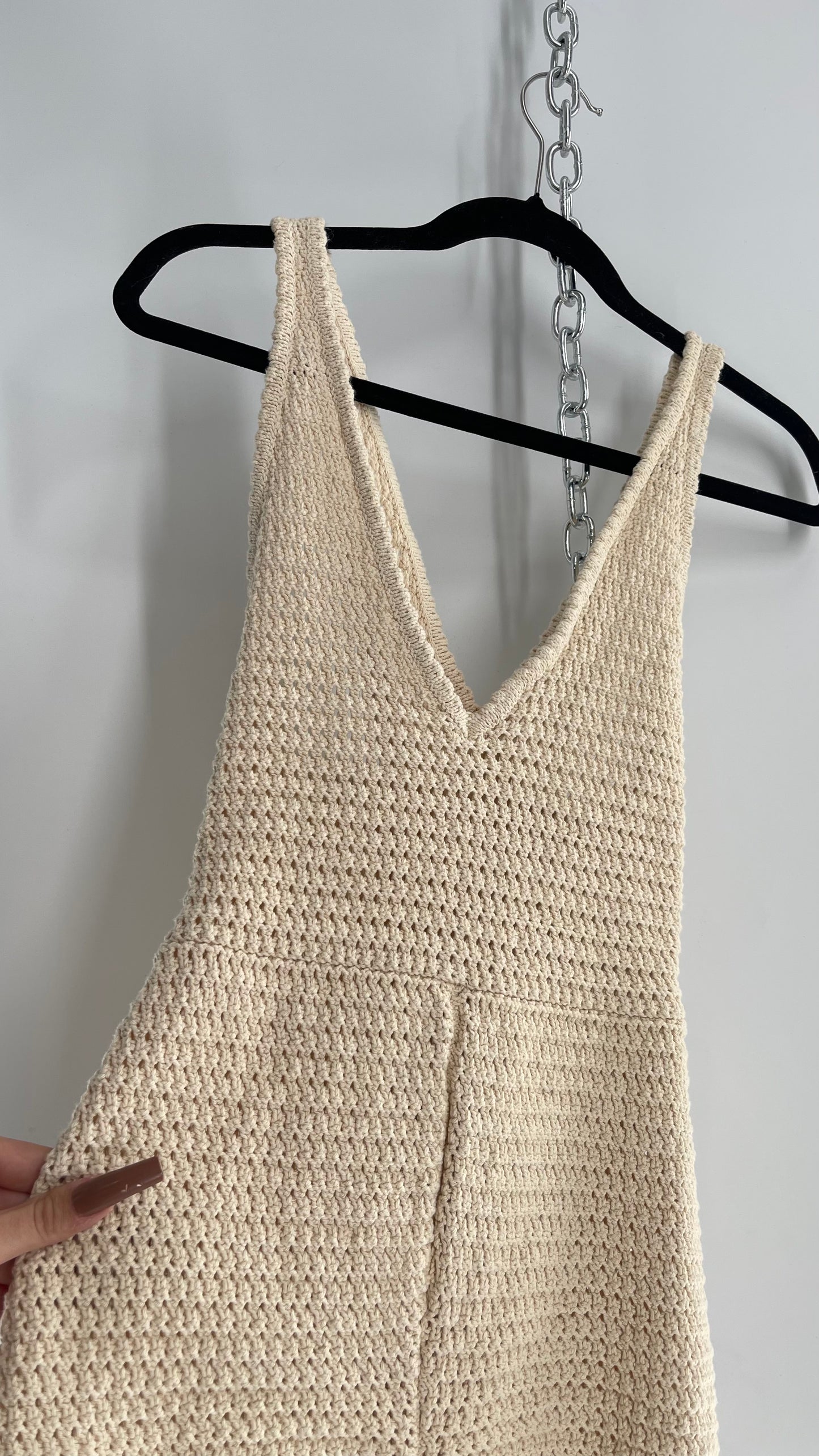 Free People Beige Crochet Thick Knit Beige Jumpsuit Romper (XS)