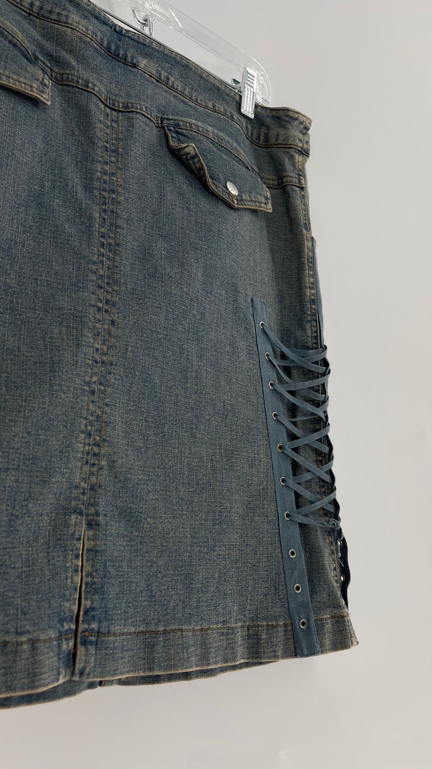 Vintage More Feminine w/o Limits Denim Skirt with Grommet Lace Up Sides and Fade (42)