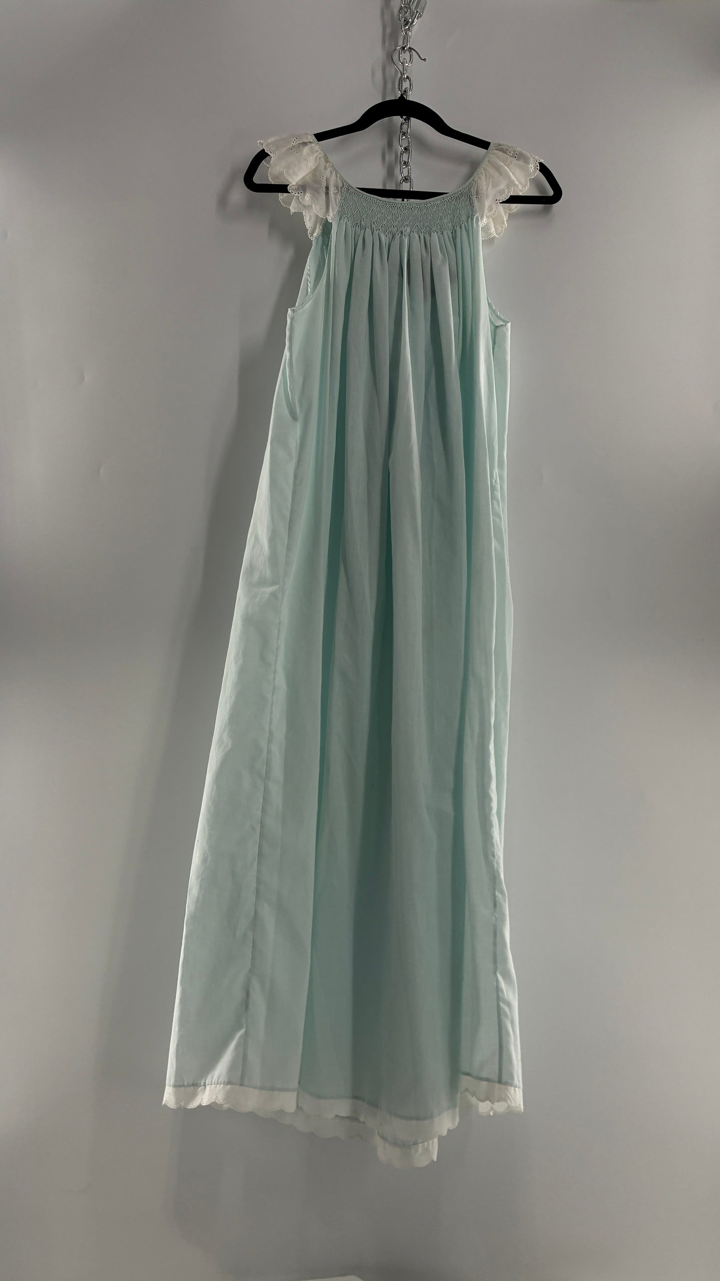 Vintage Baby Blue Nightgown Maxi with White Scalloped Lace Straps and Hem (Medium)
