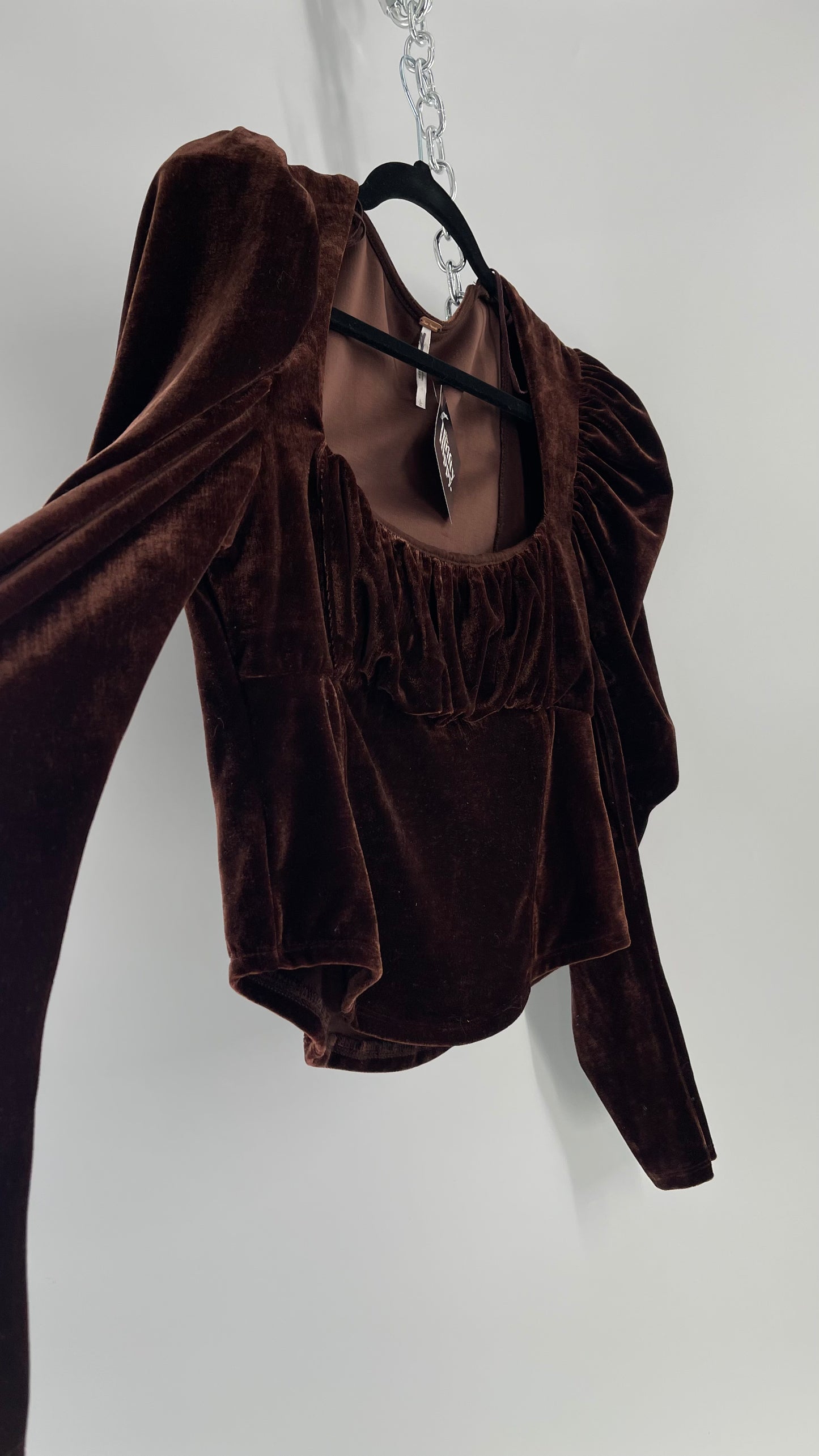 Free People Dark Brown Velvet Long Sleeve Cropped Blouse with Milkmaid Neckline and Renaissance Puff Shoulder (Large)