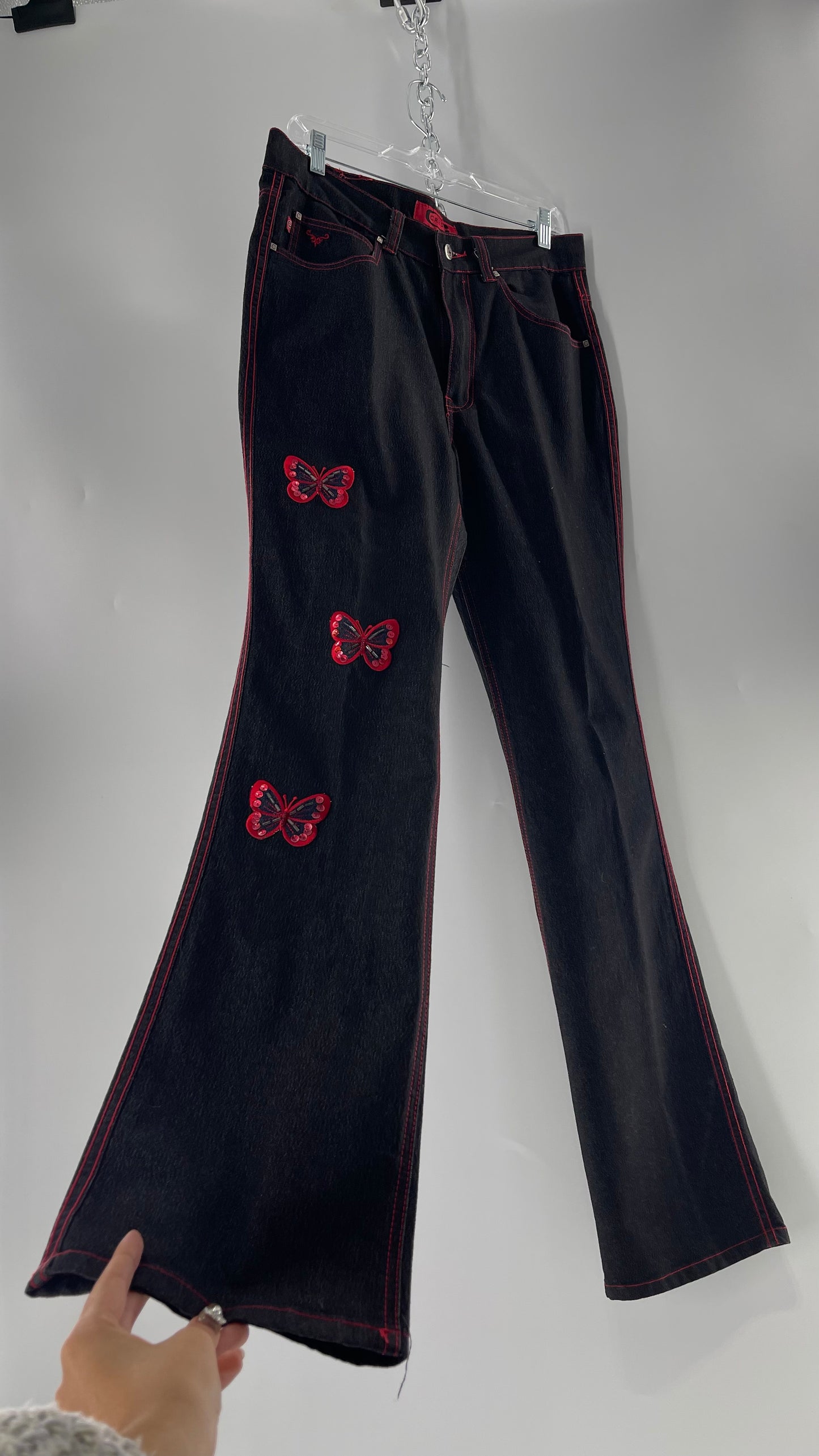 Rare Vintage Black Crest Jeans with Red Contrast Stitching and Butterfly Embroidery on Thigh and Back Pockets (14)