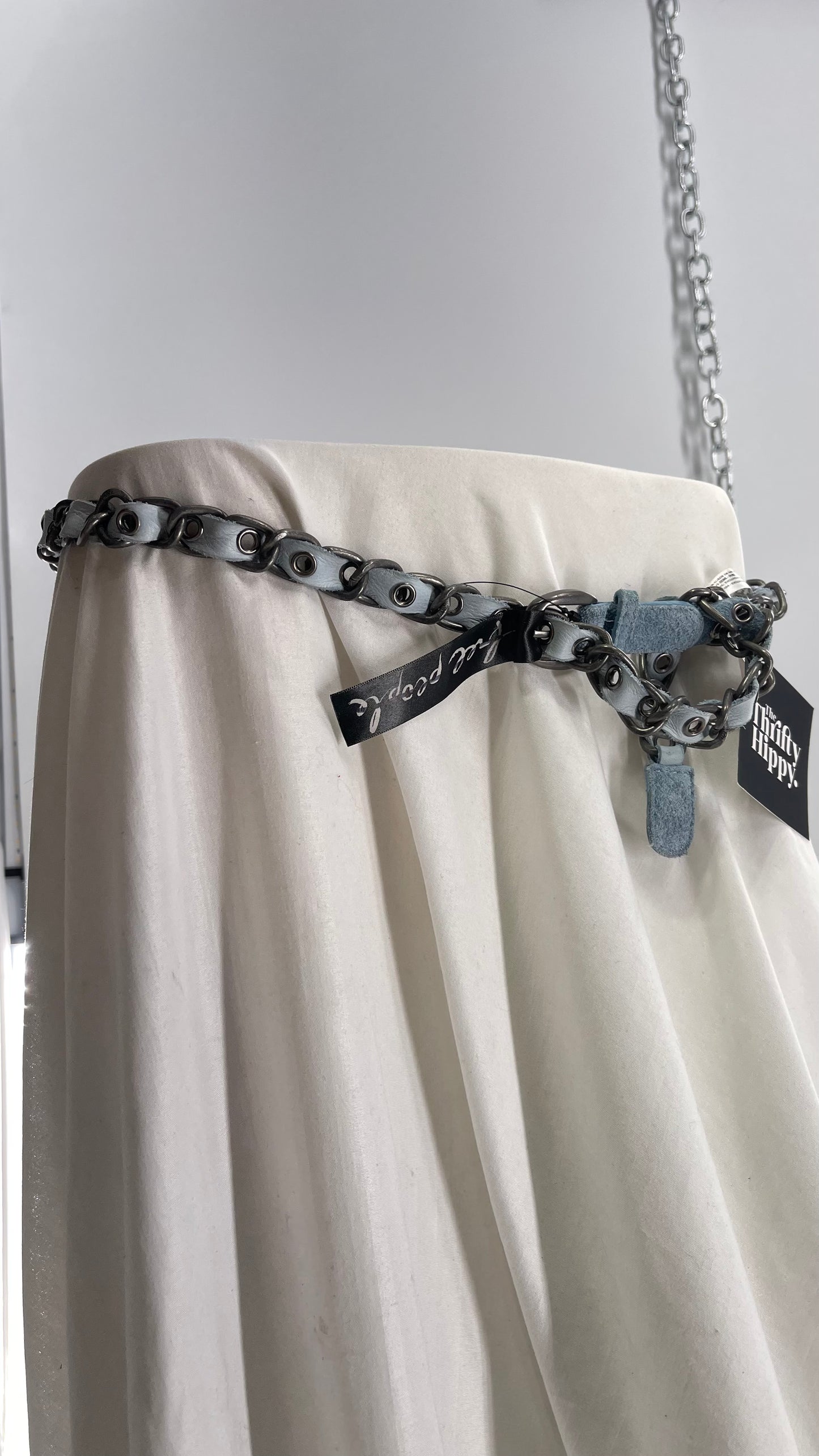 Free People Blue Suede Leather Braided Belt with Metal Chain Hardware (One Size)