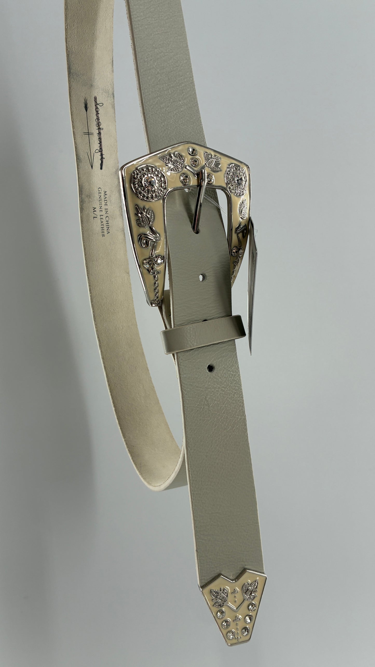 LoveStrength Anthropologie Off White Leather Belt with Oversized Dramatic Buckle (M/L)