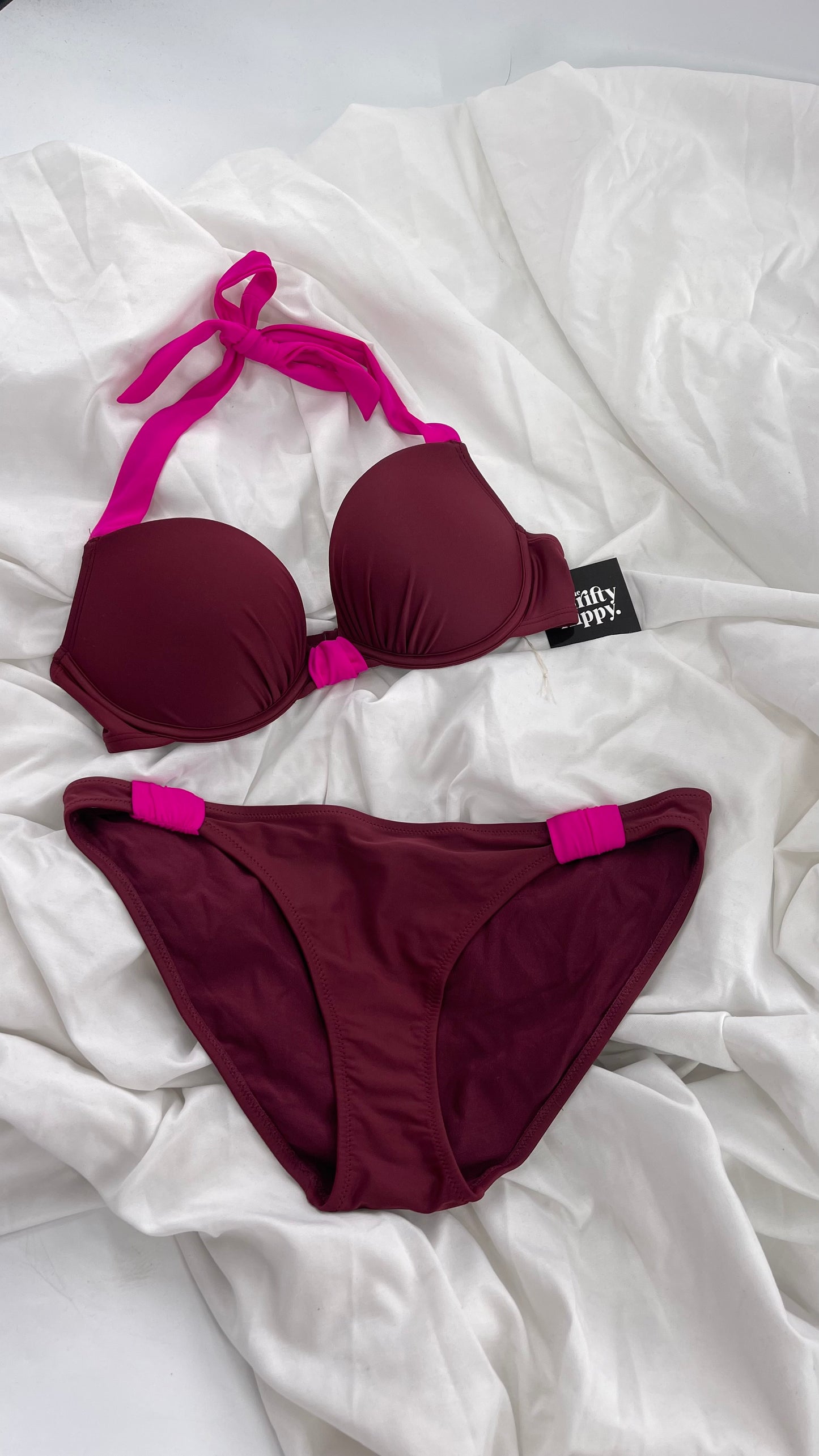 AERIE Burgundy Padded Underwire Swim Top Set with Fuchsia Details (36C/L Bottoms)