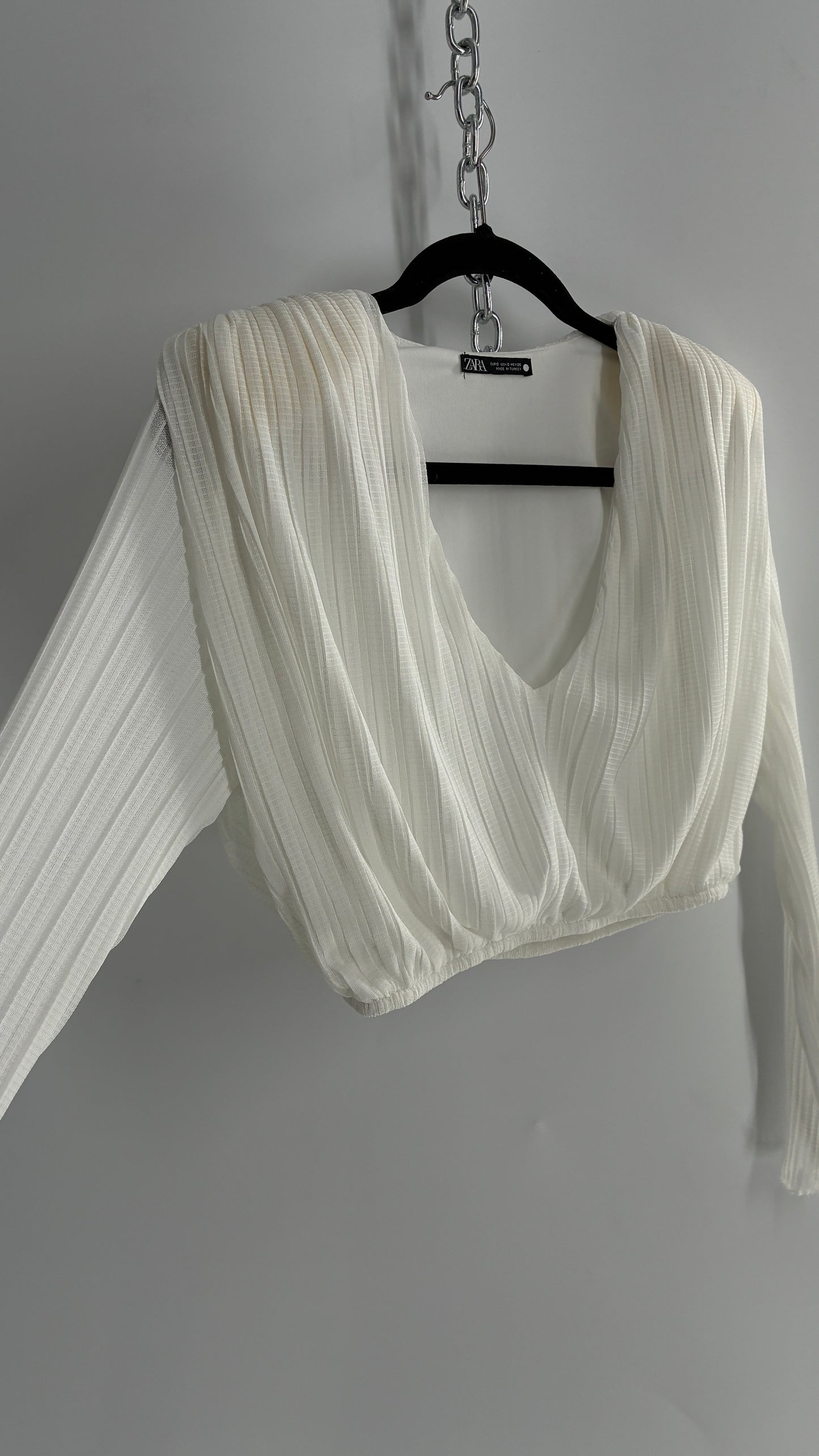 ZARA White Pleated and Draped Long Sleeve Blouse with Shoulder Pads (S)