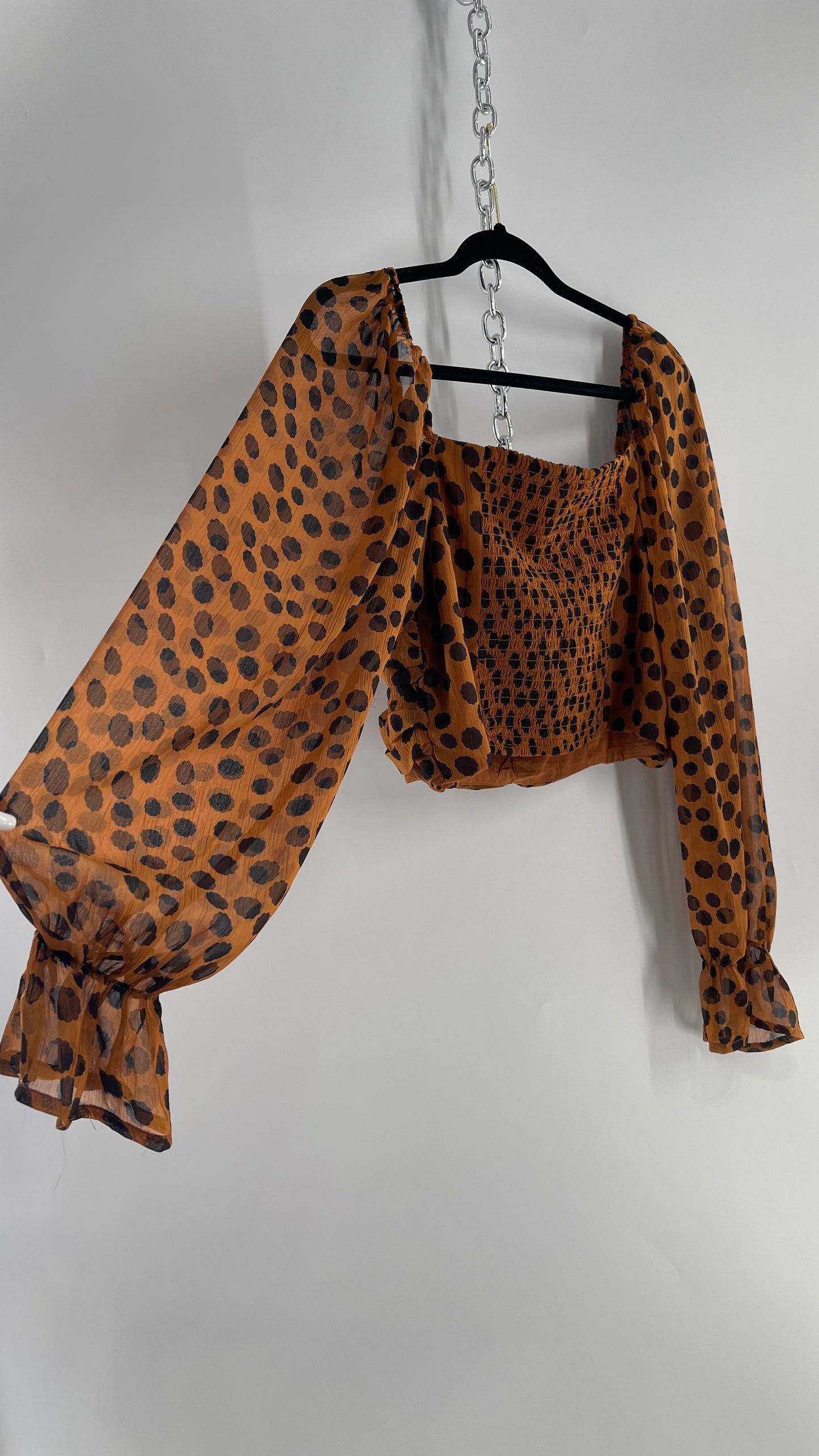 Free People Brown Black Animal Print Blouse with Ruched Bodice and Tags Attached (Large)