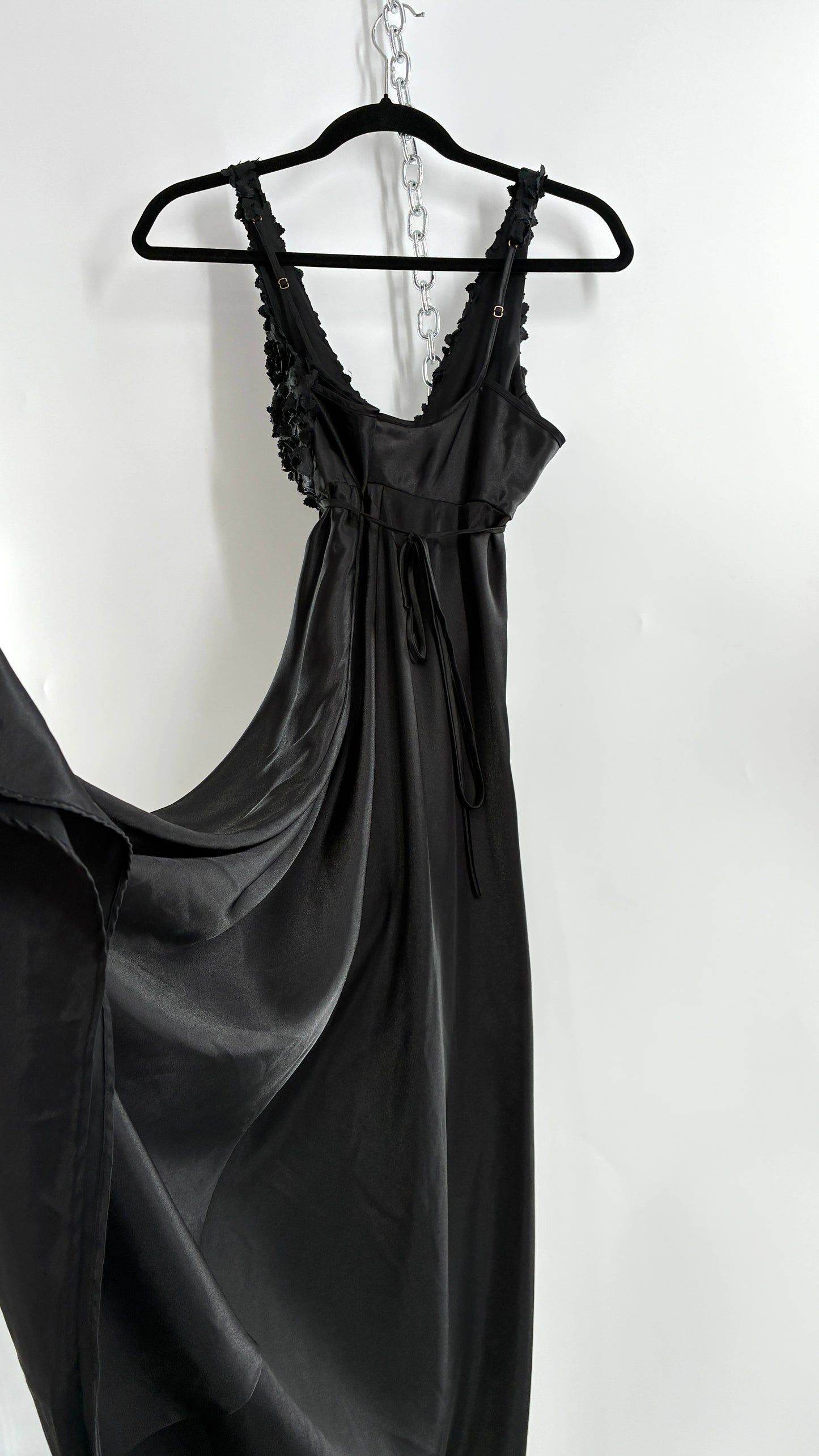 Vintage FLORA Black Slip Gown with Textured Floral Bust (Small)