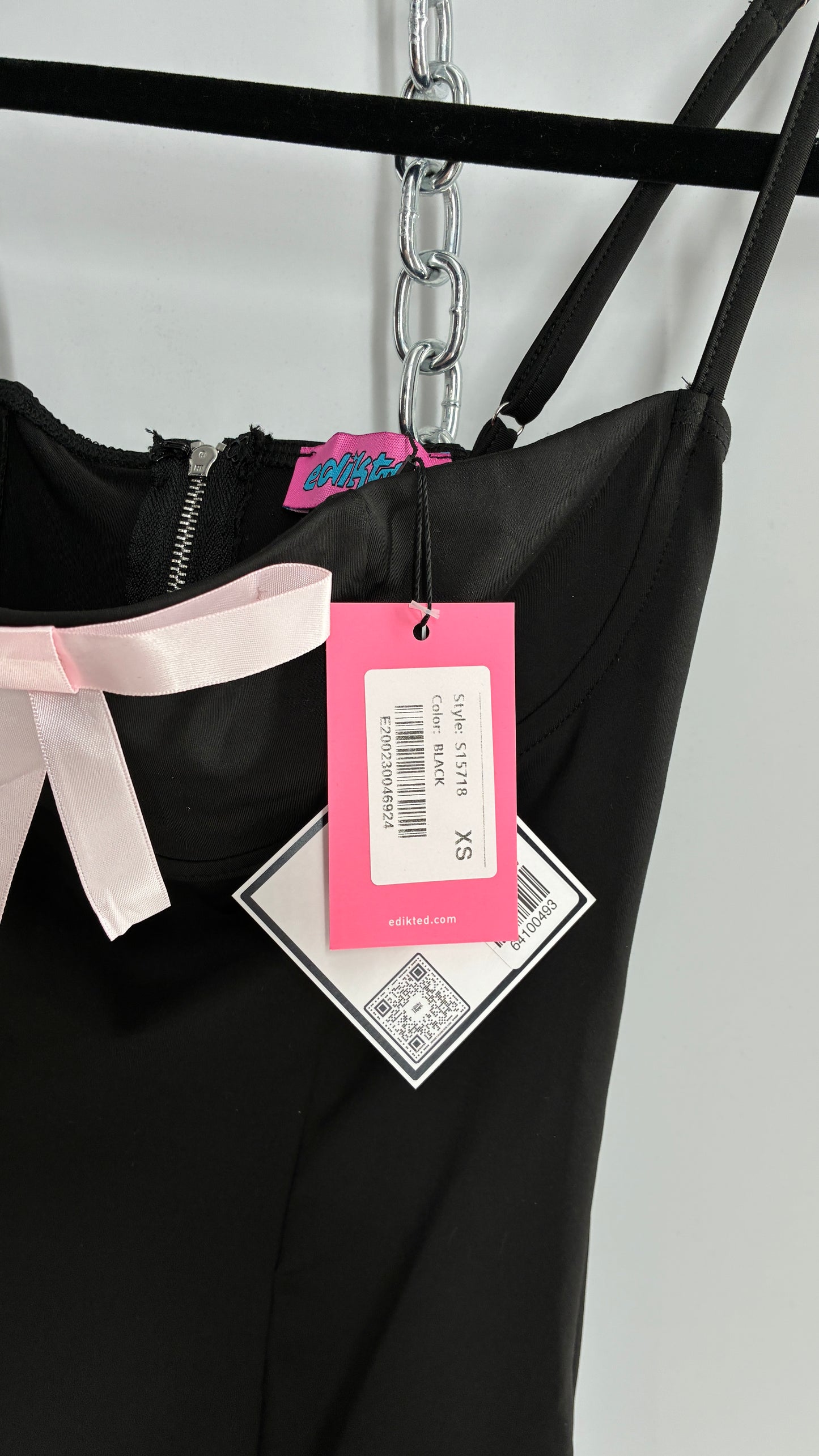 Edikted Black Satin Underbust Panel Mini Dress with Baby Pink Bow and Tags Attached (XS)