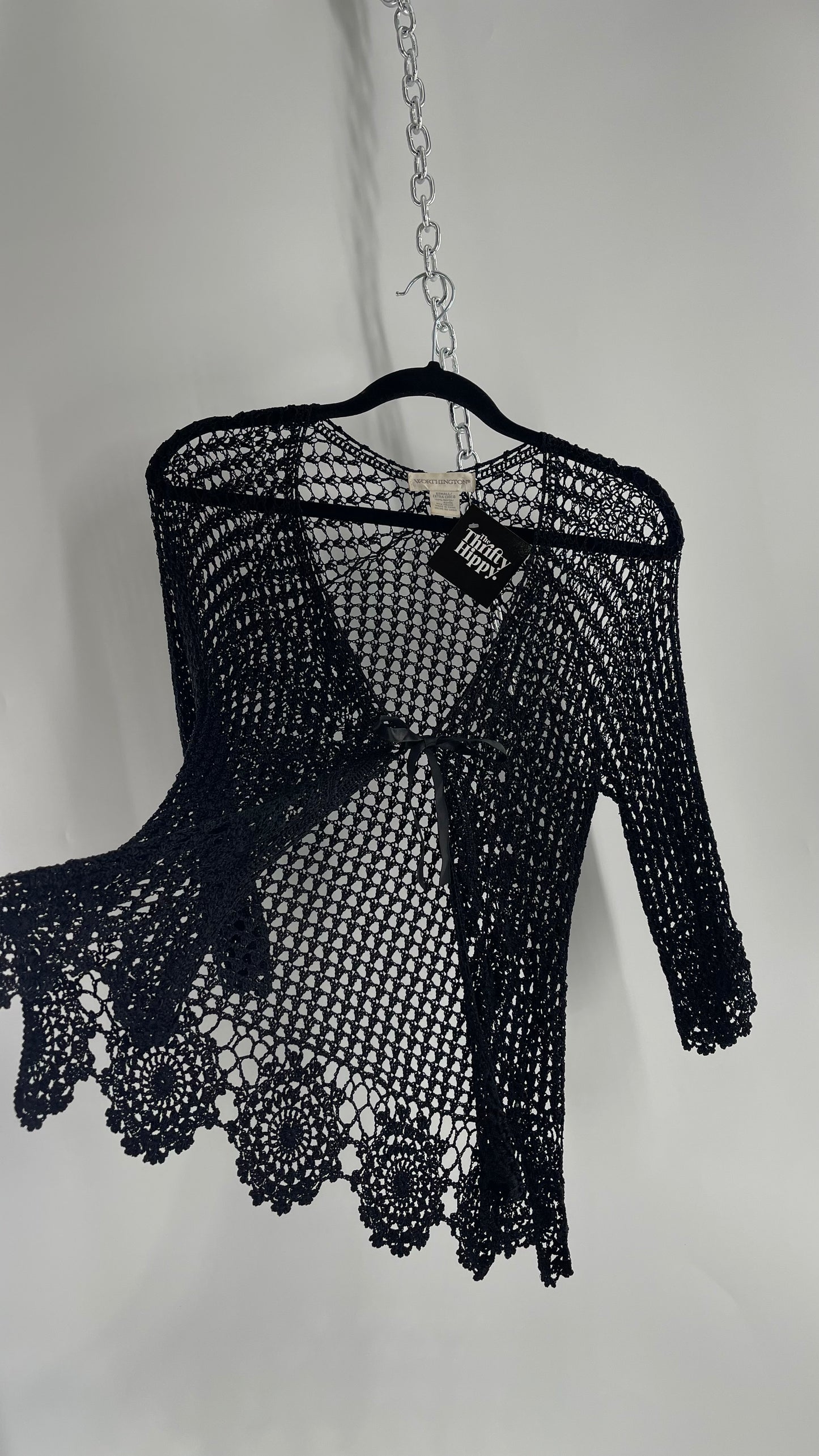 Vintage Black Crochet Slinky Top with Ribbon Bust Tie (XS)