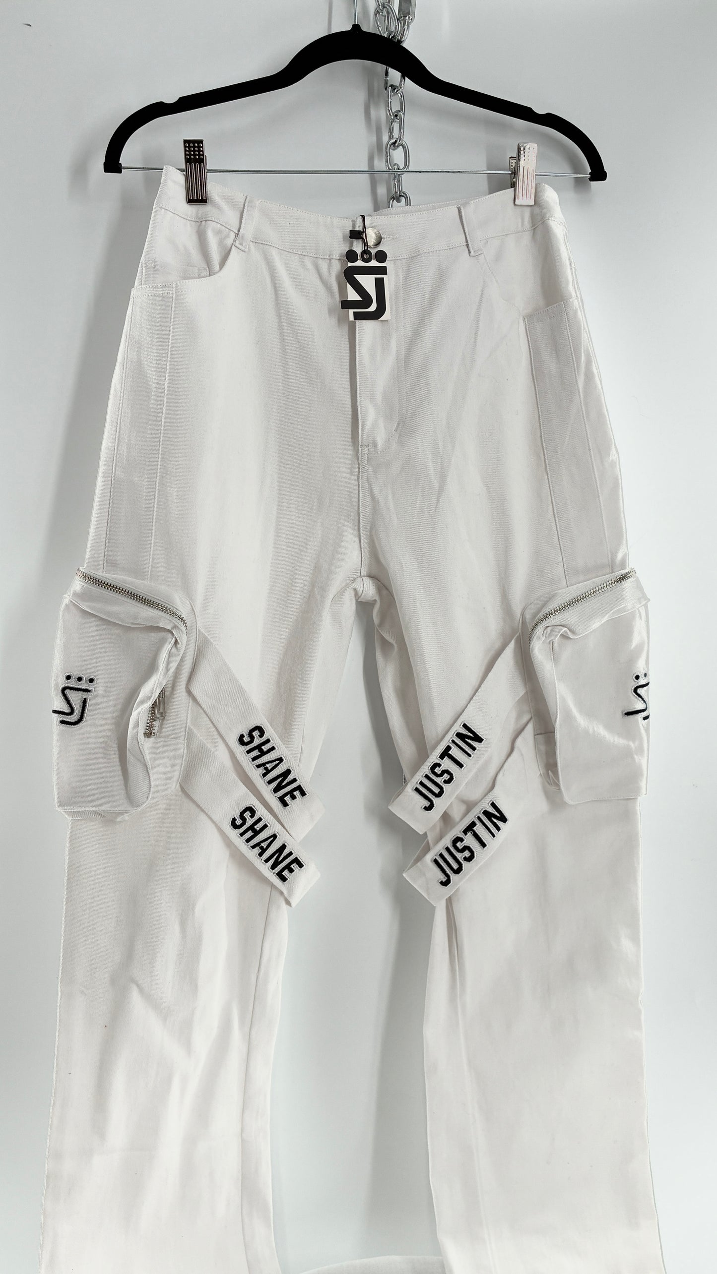 Designer SHANE JUSTIN White Stacked Extendo Cargo Pants with Embroidered Logo Pants and Tags Attached (Small)