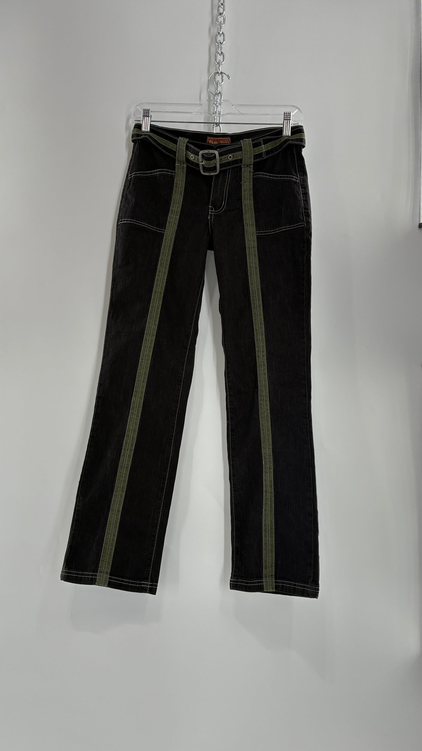 Vintage PALMY NOBLE Dark Wash Low Rise Denim with Green Details and Built in Belt (7/8)