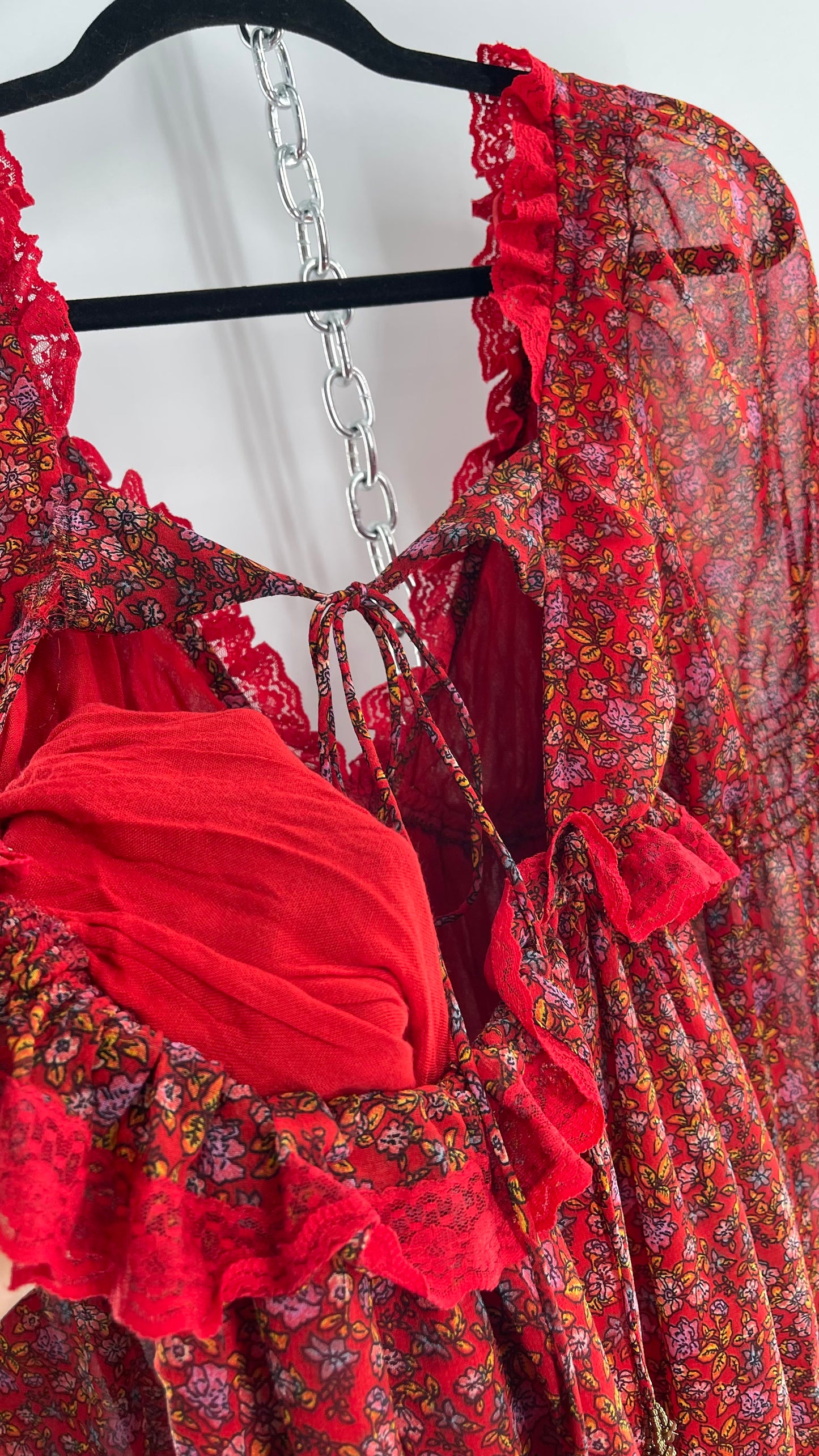 Free People Red Floral Mini Dress with Lace Trim, Open Back and Balloon Sleeves (Small)