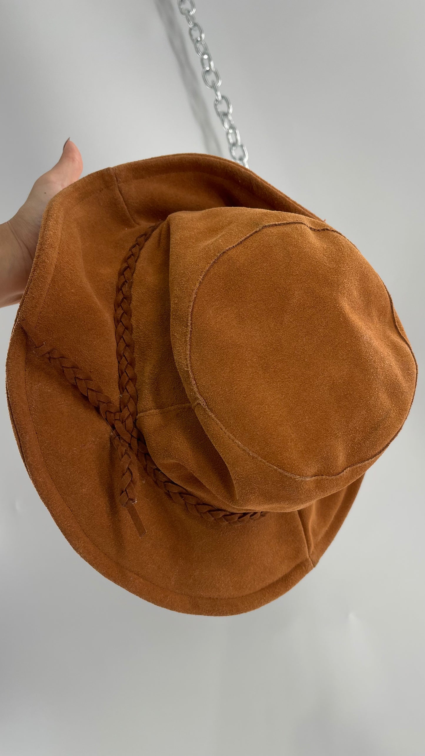 Free People Burnt Orange Suede Genuine Leather Sun Hat with Braided Belt