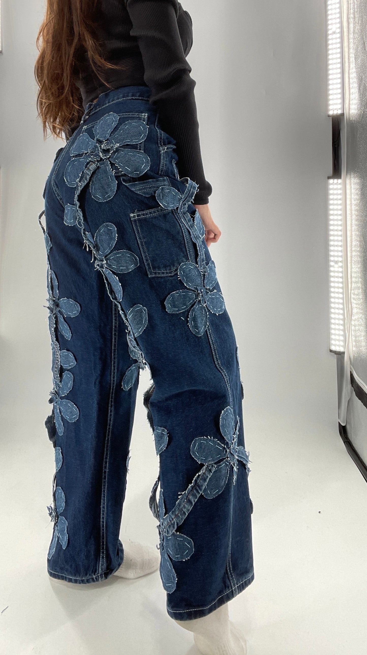 Handmade CUSTOM Dual Denim Tone Floral Vine Cargo Denims (S)