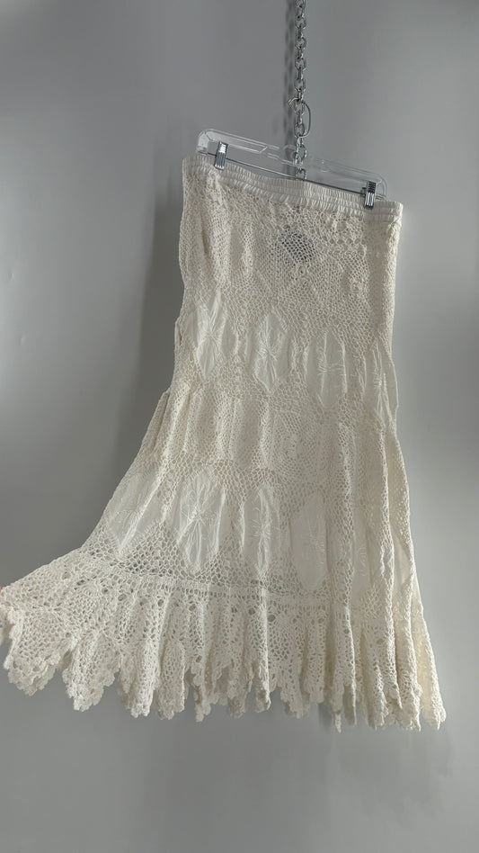 Vintage Full Length White Crochet and Appliqué Skirt (Petite Medium)