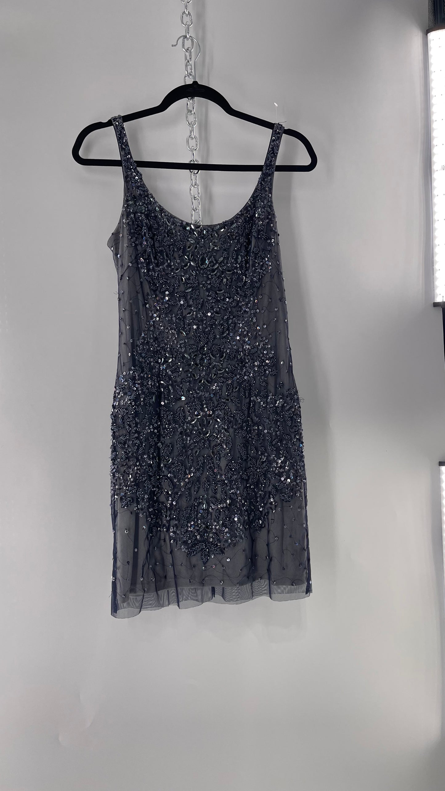 Vintage Cache Moonlight Grey/Navy Blue Tunic Mini Dress with Accentuating Placement of Beads, Sequins and Embroidery Details (2)