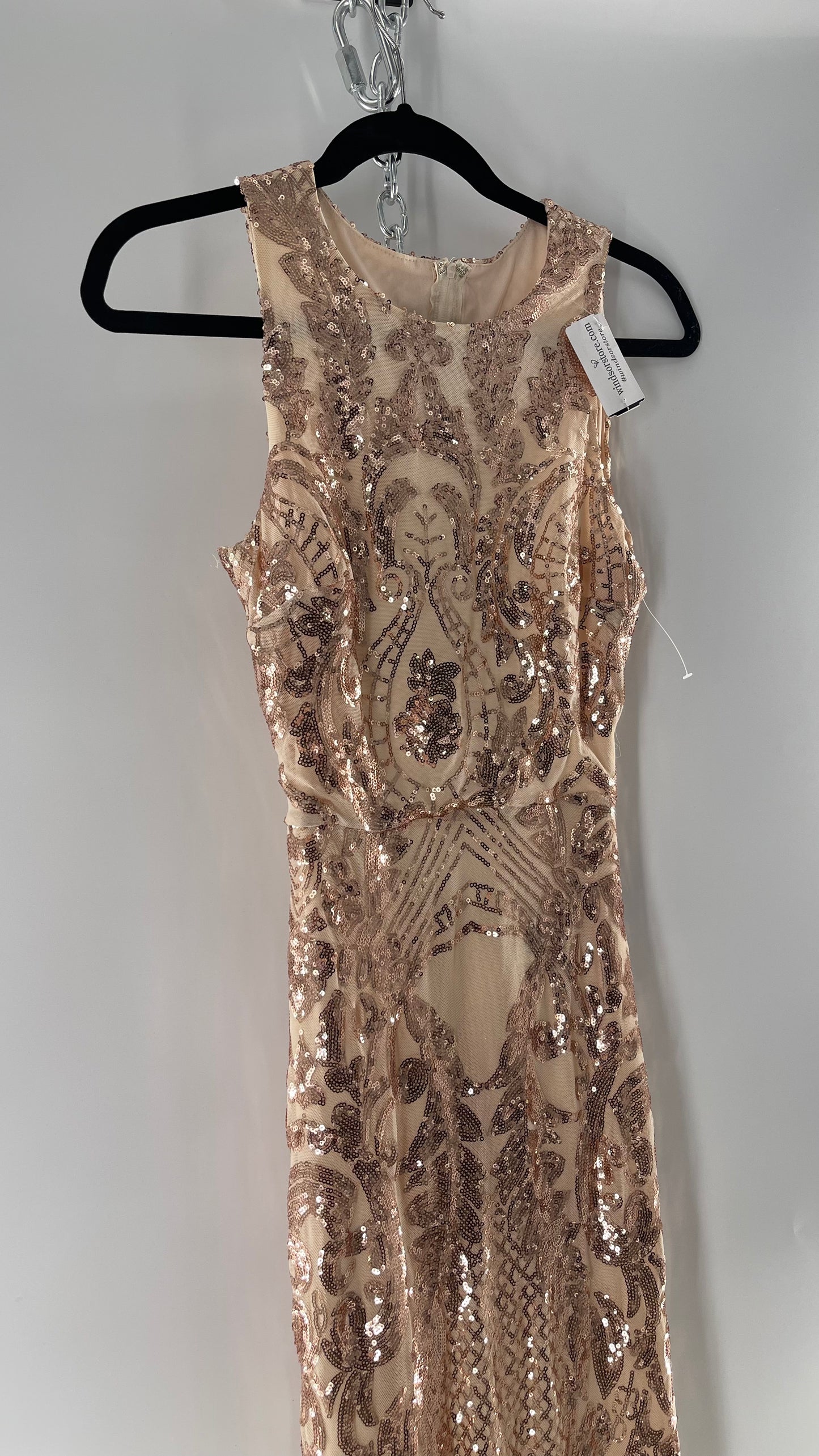 Windsor Rose Gold Sequin Maxi Dress with Side Slit Detail and Open Back (Small)