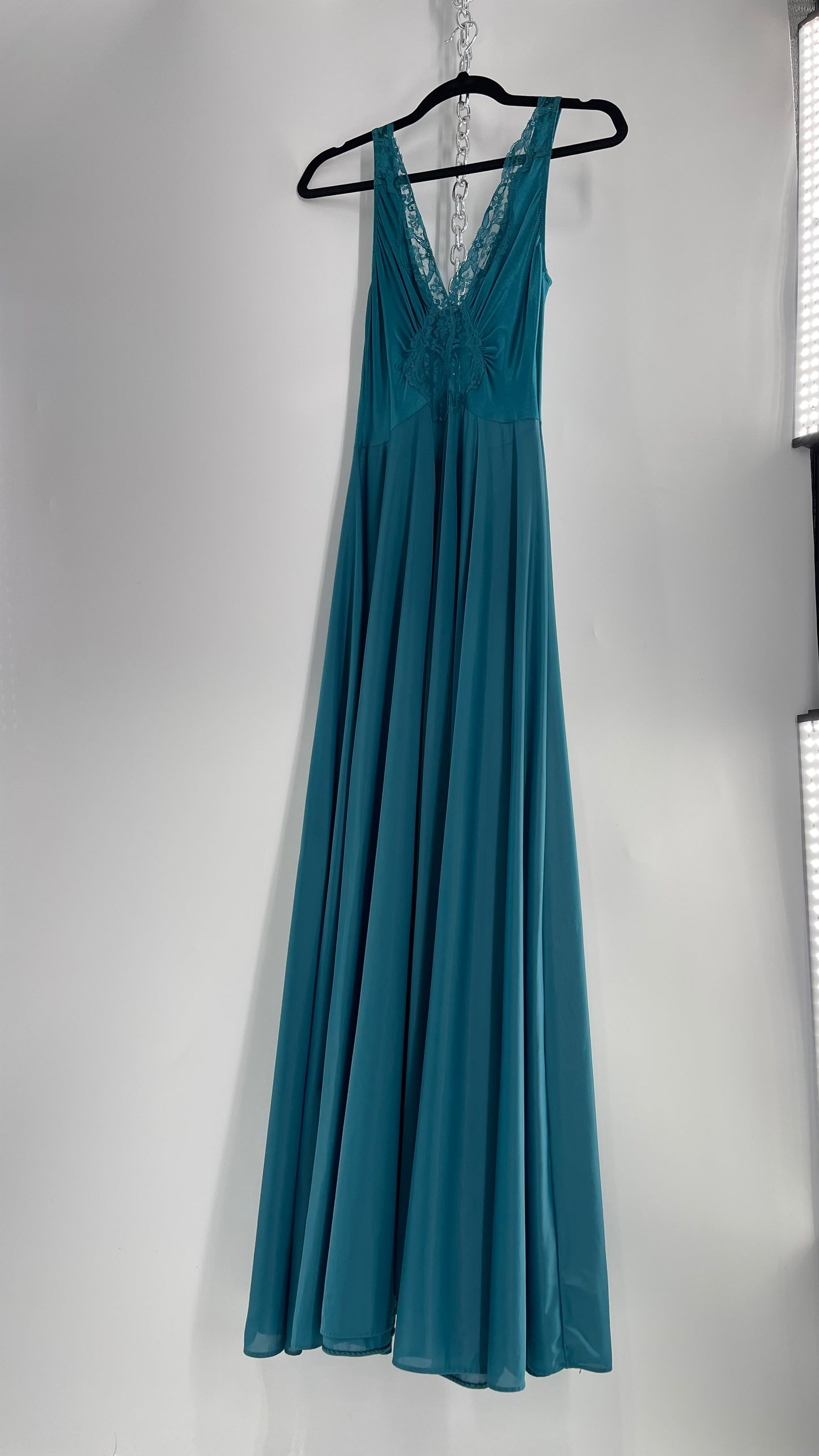 Vintage Olga Intimates Floor Length Voluminous Blue Jewel Toned Maxi Dress/Night Gown with Lace Bust (Small)
