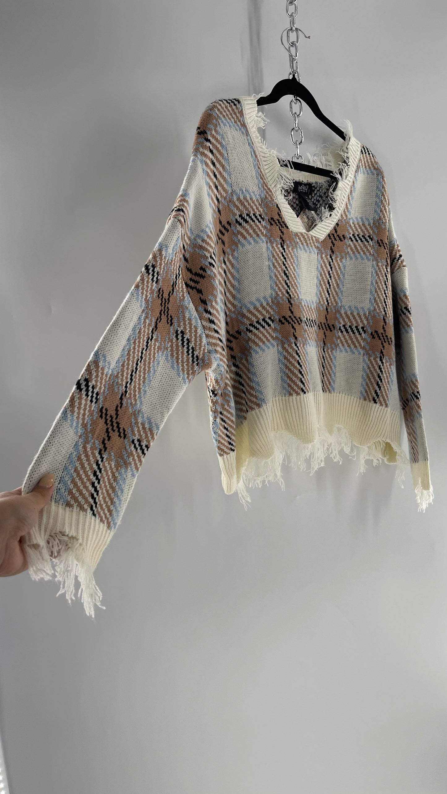 Fashion Nova Plaid Powder Blue/Tan Distressed Sweater