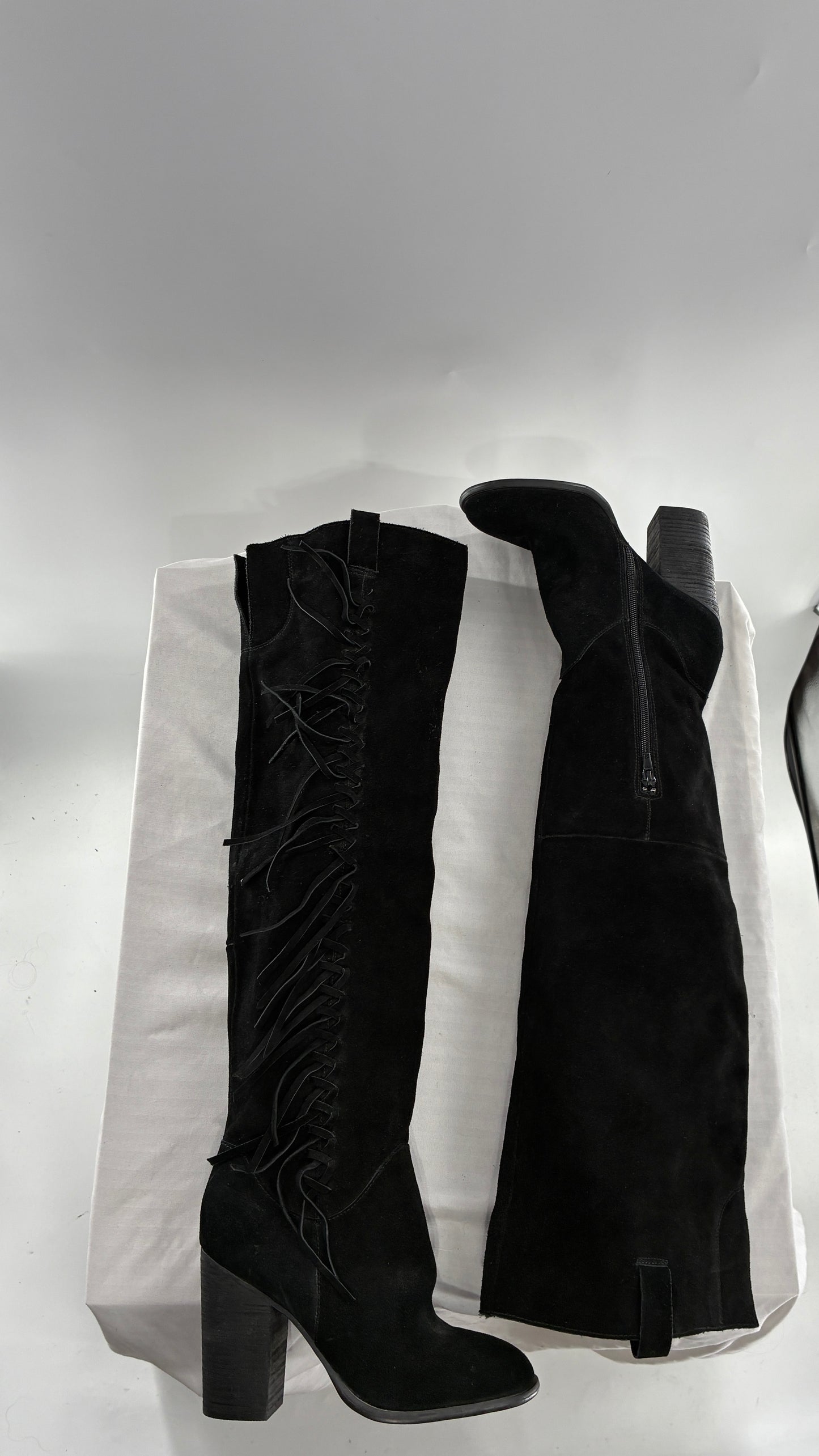 Vintage CARLOS SANTANA Genuine Suede Leather Thigh High Tassel, Fringe Side Boots (7.5)