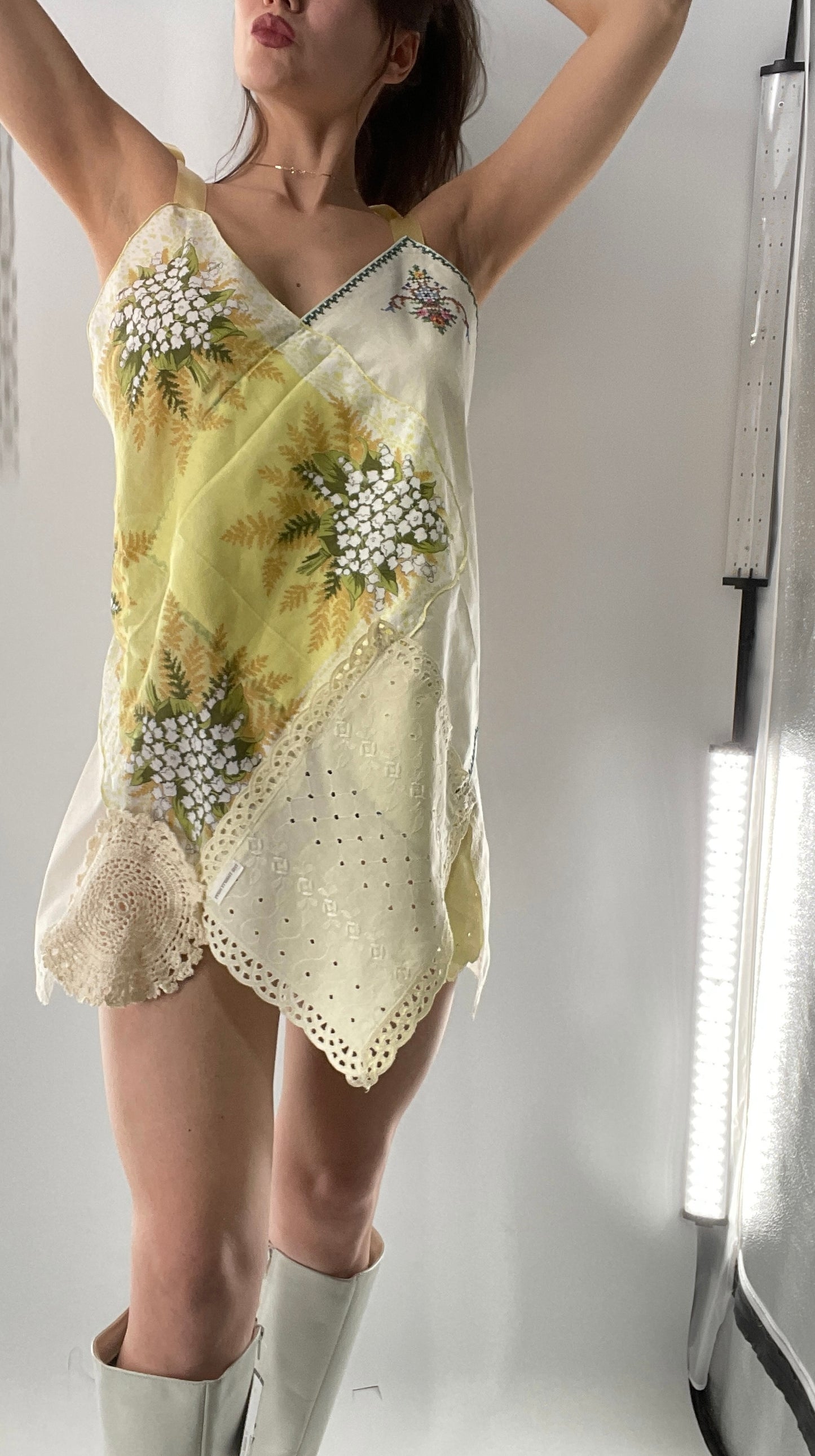 Vintage Handmade Handkerchief Mini Dress with Adjustable Ribbon Straps (XS-L)
