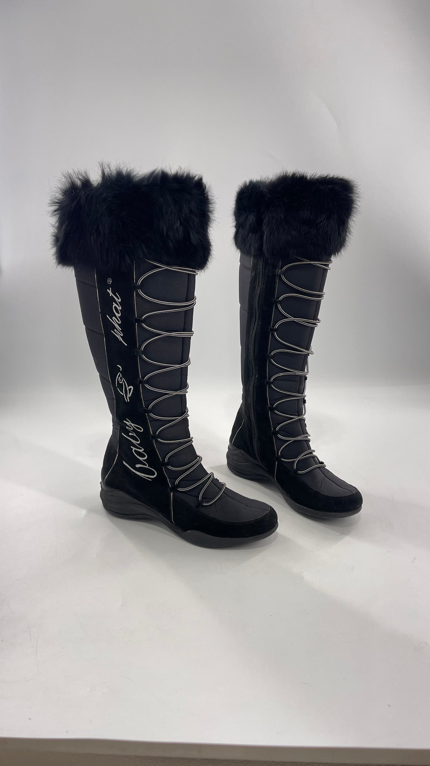 Baby Phat Black Knee High Boots with Rabbit Fur Trim, Bungee Cord Ties, and Embroidered Logo Design (8)