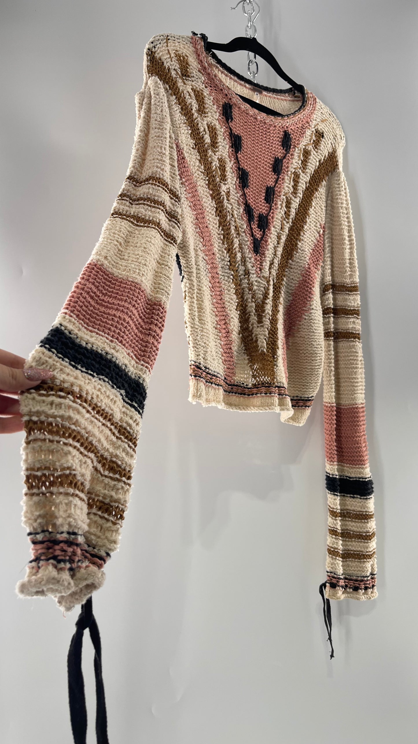 Free People Beige Slouchy Sweater with Dusty Pink, Tan and Black Striping Detail (Medium)