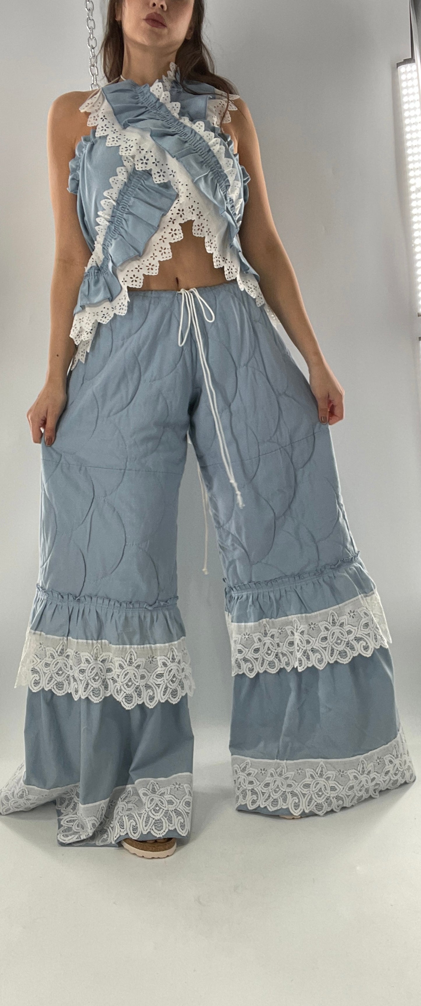 Vintage 2 Piece Powder Blue Set Featuring 2Way Blouse and Quilted Trousers Covered in Ruffles, Lace and Trim (One Size)