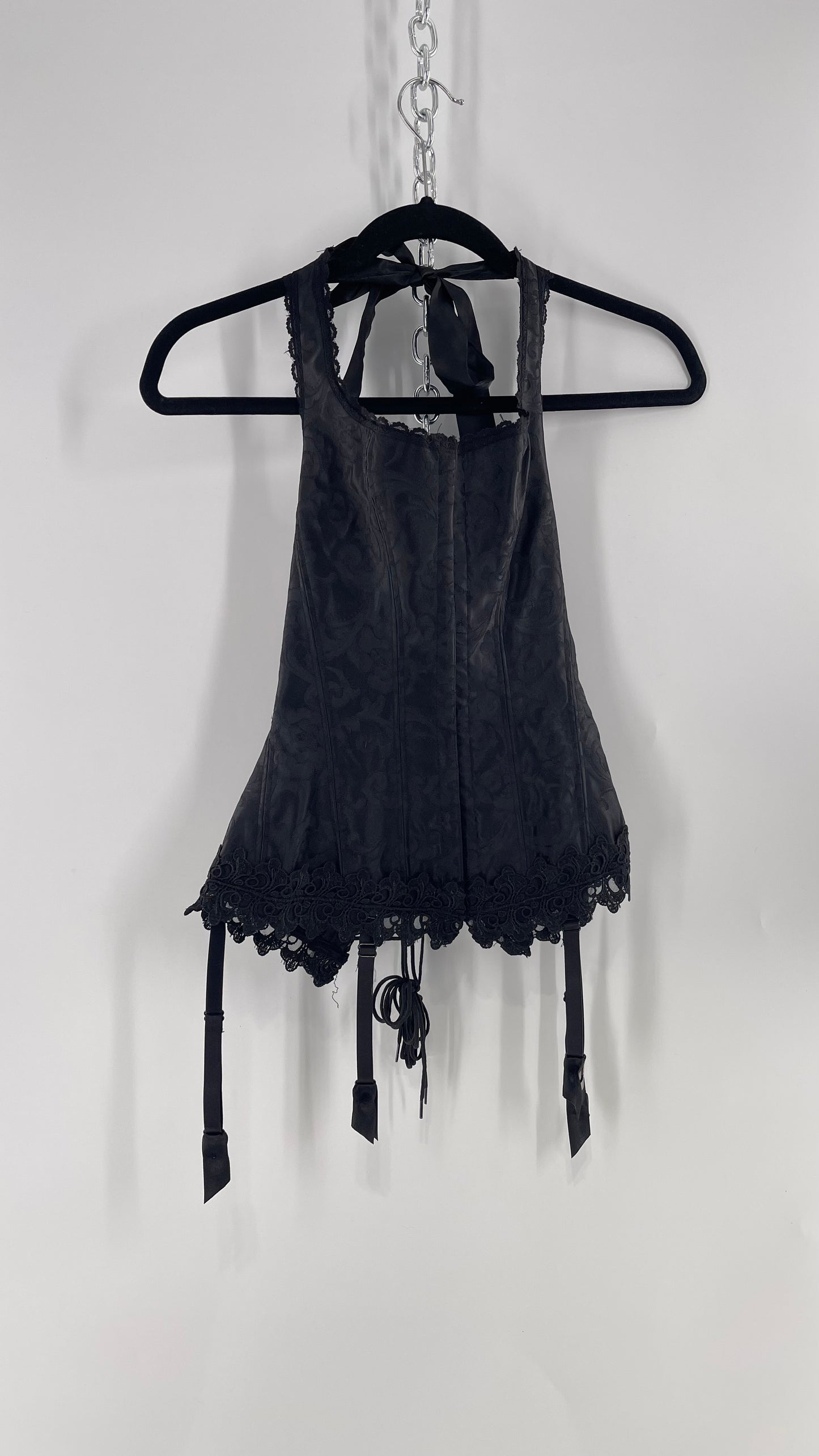 Vintage Fredericks of Hollywood Black Satin Brocade Lace Corset with Lace Tie Halter (32)