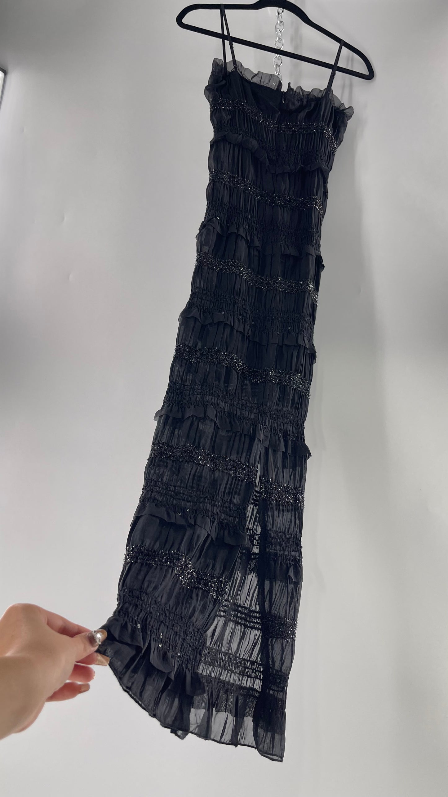 The Commense Black Sheer Crimped Midi Dress with Stripes of Tinsel and Ruffle with Tags Attached (Medium)