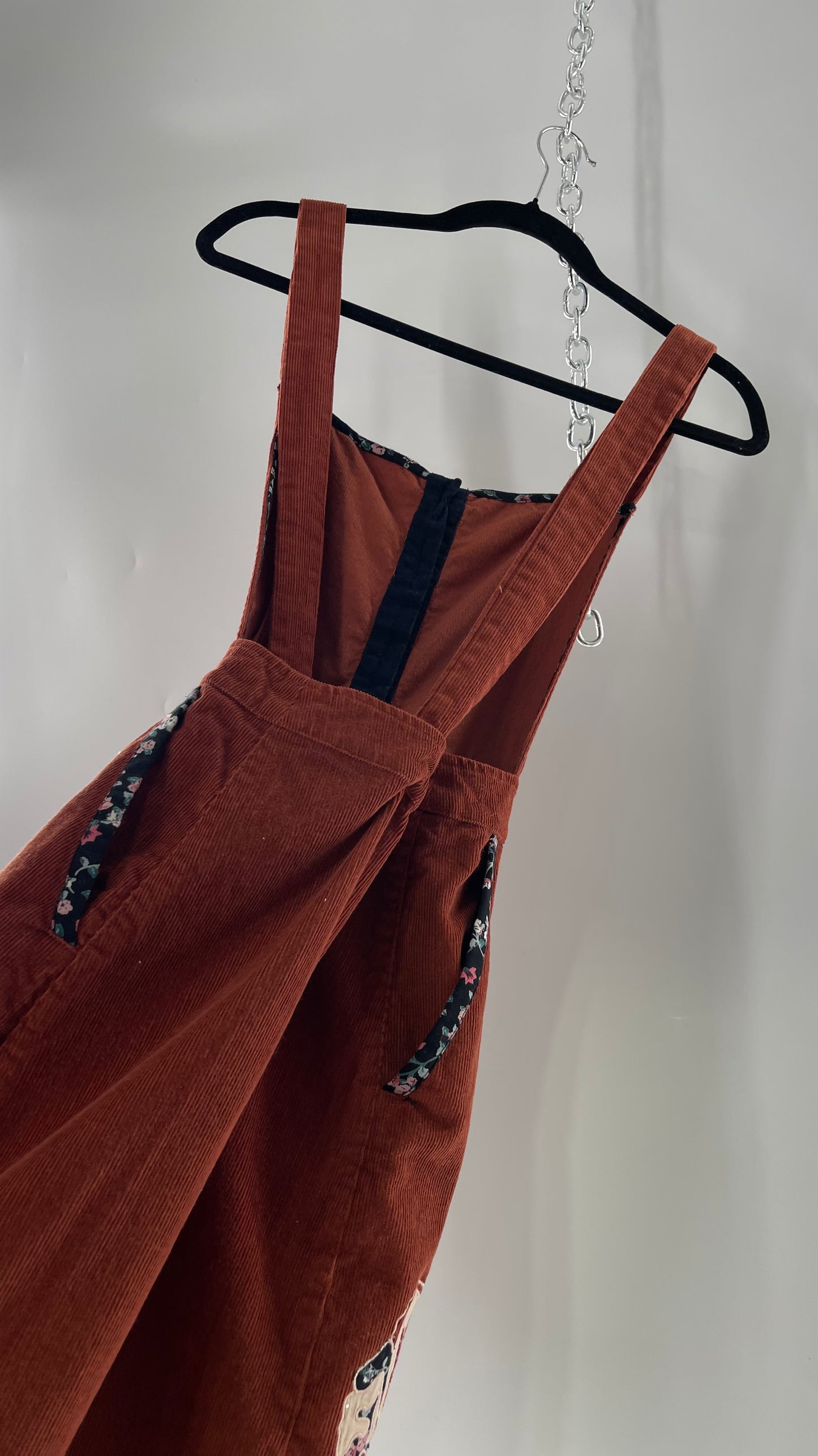 Seen. Worn. Kept. Anthropologie Terracotta Burnt Orange Corduroy Overall Dress with Embroidered Flower Details (S)