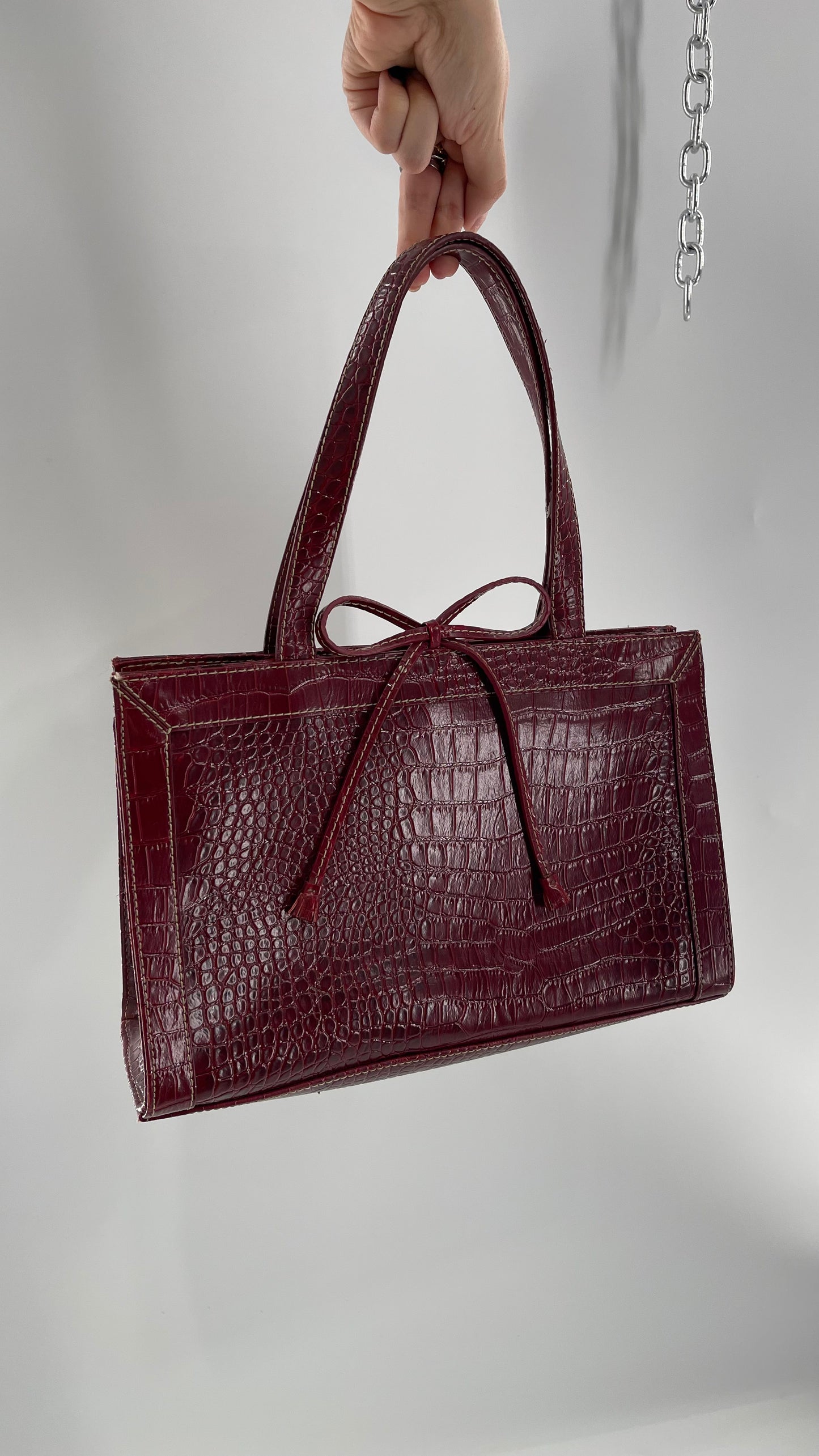 Vintage Liz Claiborne 1990s Cherry Red Crocodile Embossed Structured Bow Bag