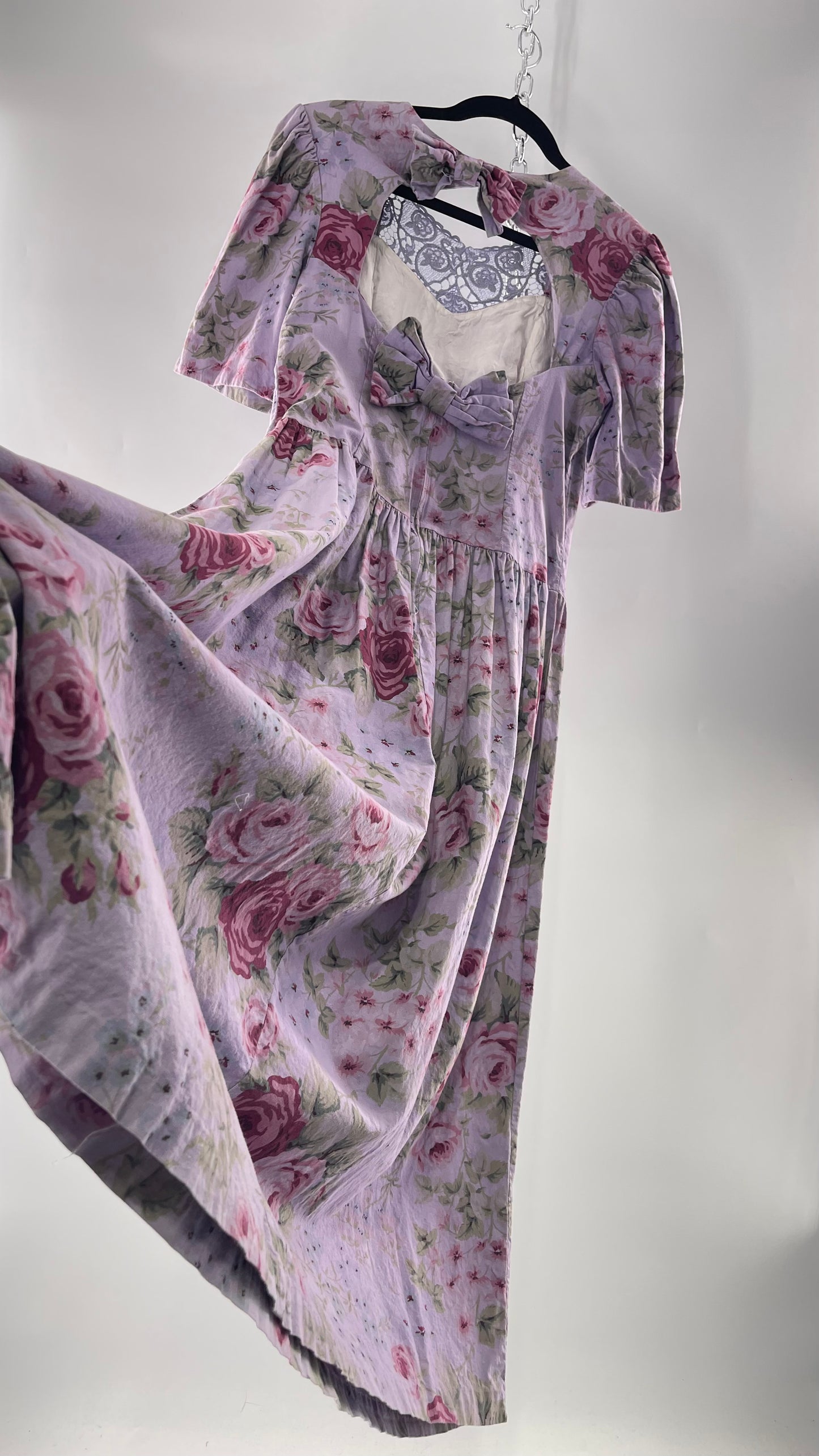 Vintage Urban Renewal Reworked and Upcycled Misty Lane Lilac/Lavender Floral Fit/Flare Dress with Sweetheart Neckline, Lace Detail and Bow Adorned Open Back (11/12)