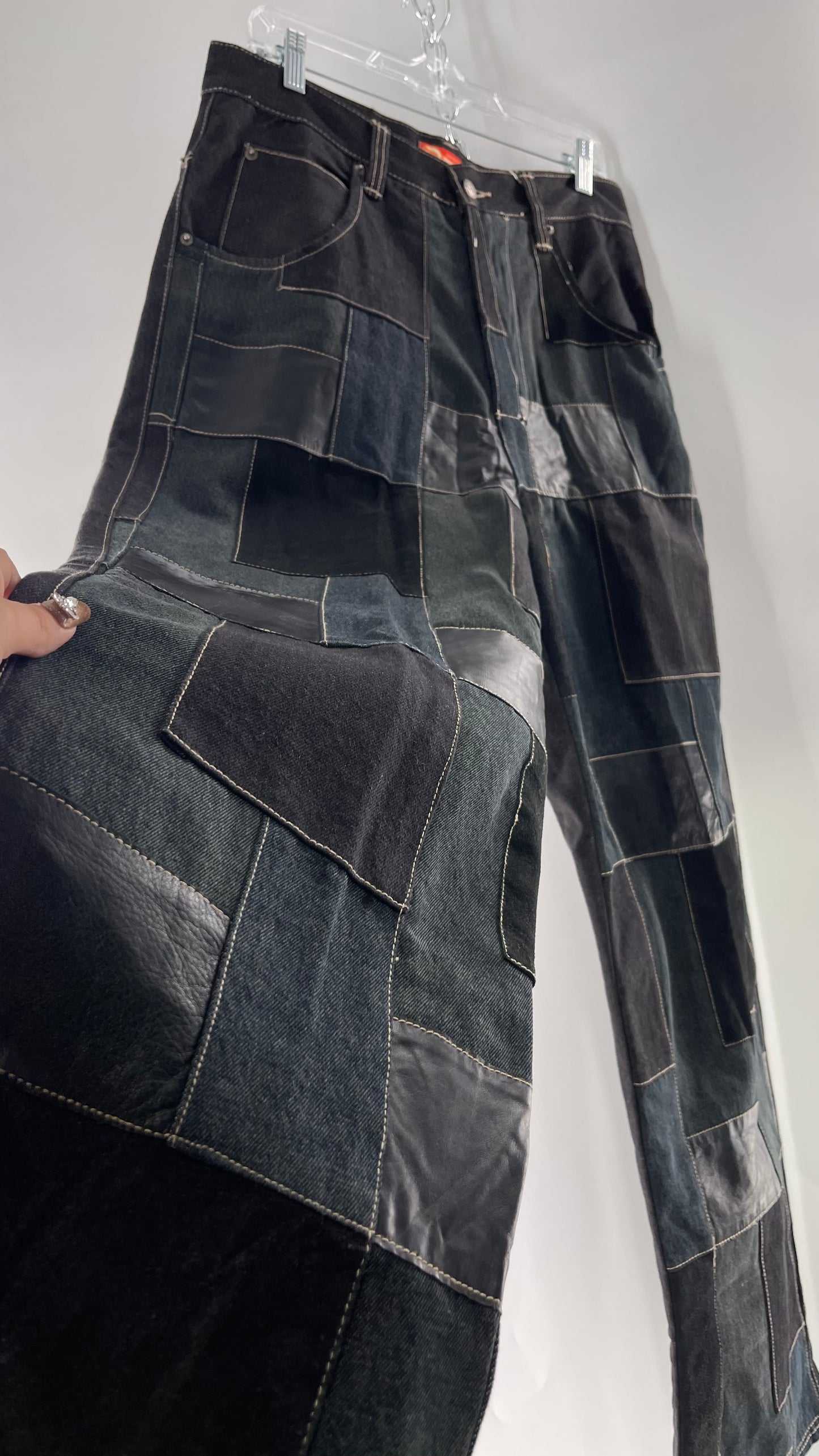 Vintage Original Davoucci Dark Wash Denim with Suede Leather Checker Patchwork Front (34x33)