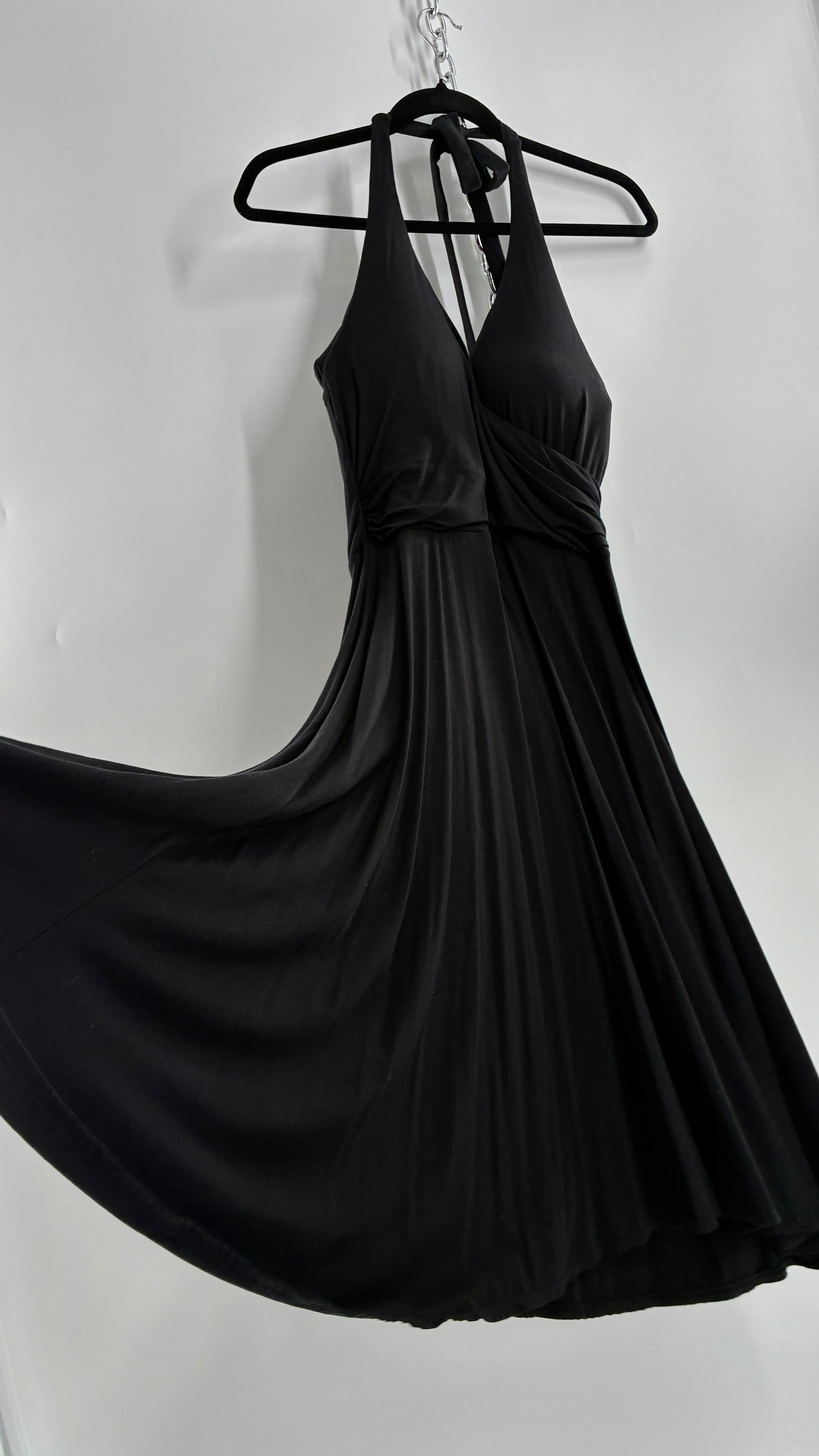 Rare Vintage Victoria’s Secret Black Jersey Knit Halter Voluminous Dress with Built in Padded Bra (34C)
