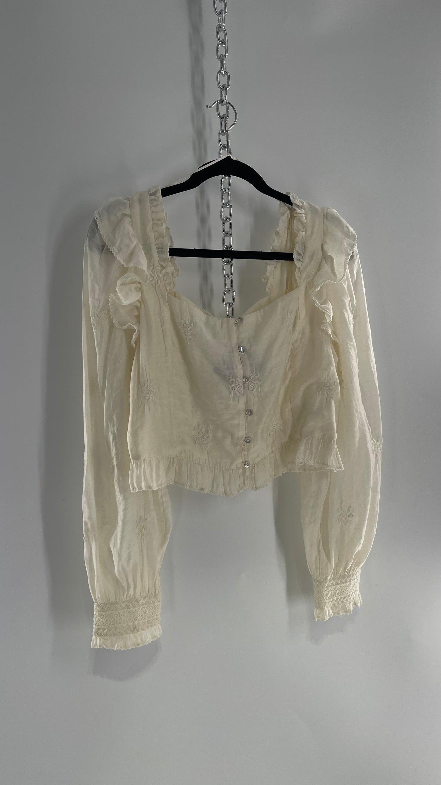 Free People White Cotton Bubble Sleeve Blouse with Embroidered Details (Medium)