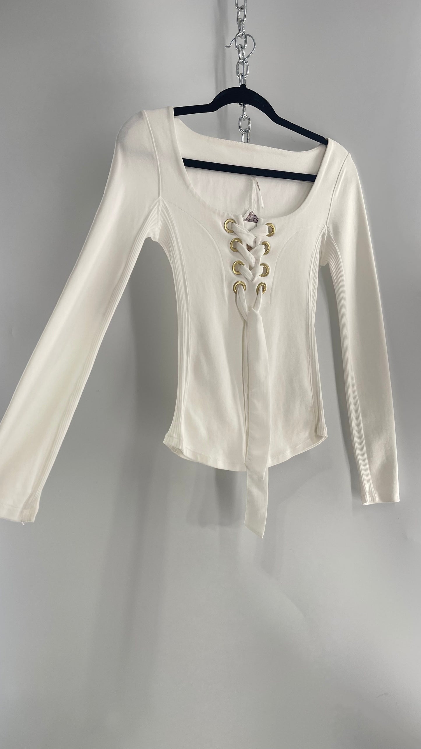 Free People White Lace Up Long Sleeve with Gold Grommets (XS)