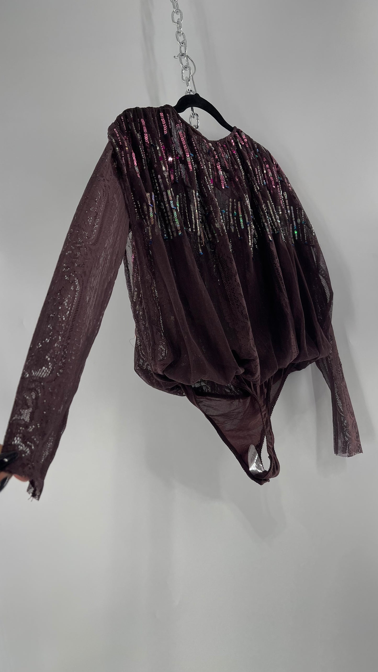 Intimately Free People Plum Mesh Bodysuit with Lace Sleeves and Beaded/Sequined/Embellished Body (Medium)