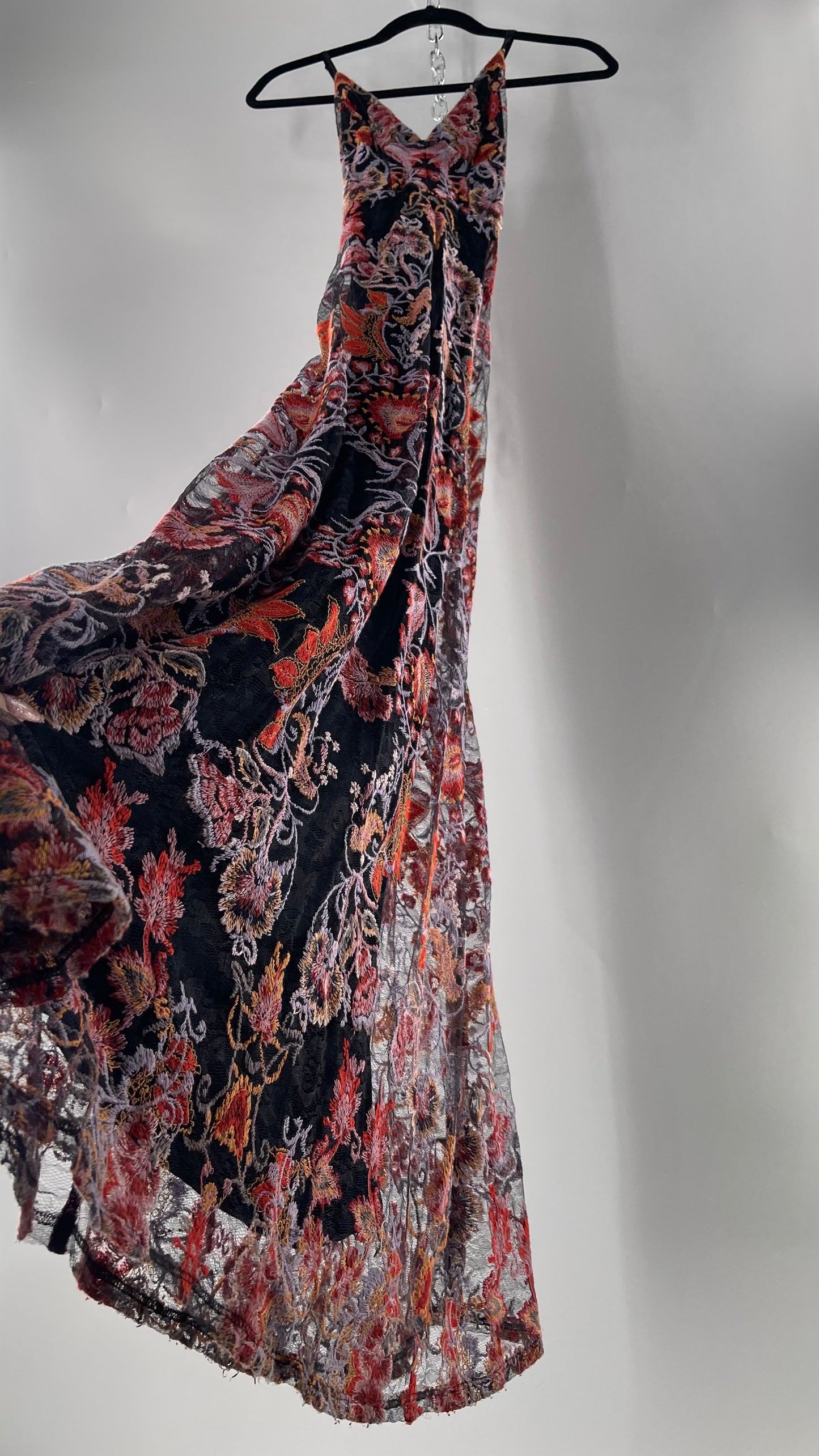 Free People Black Fall Toned Floral Embroidered Tule Sleeveless Maxi Dress (2)