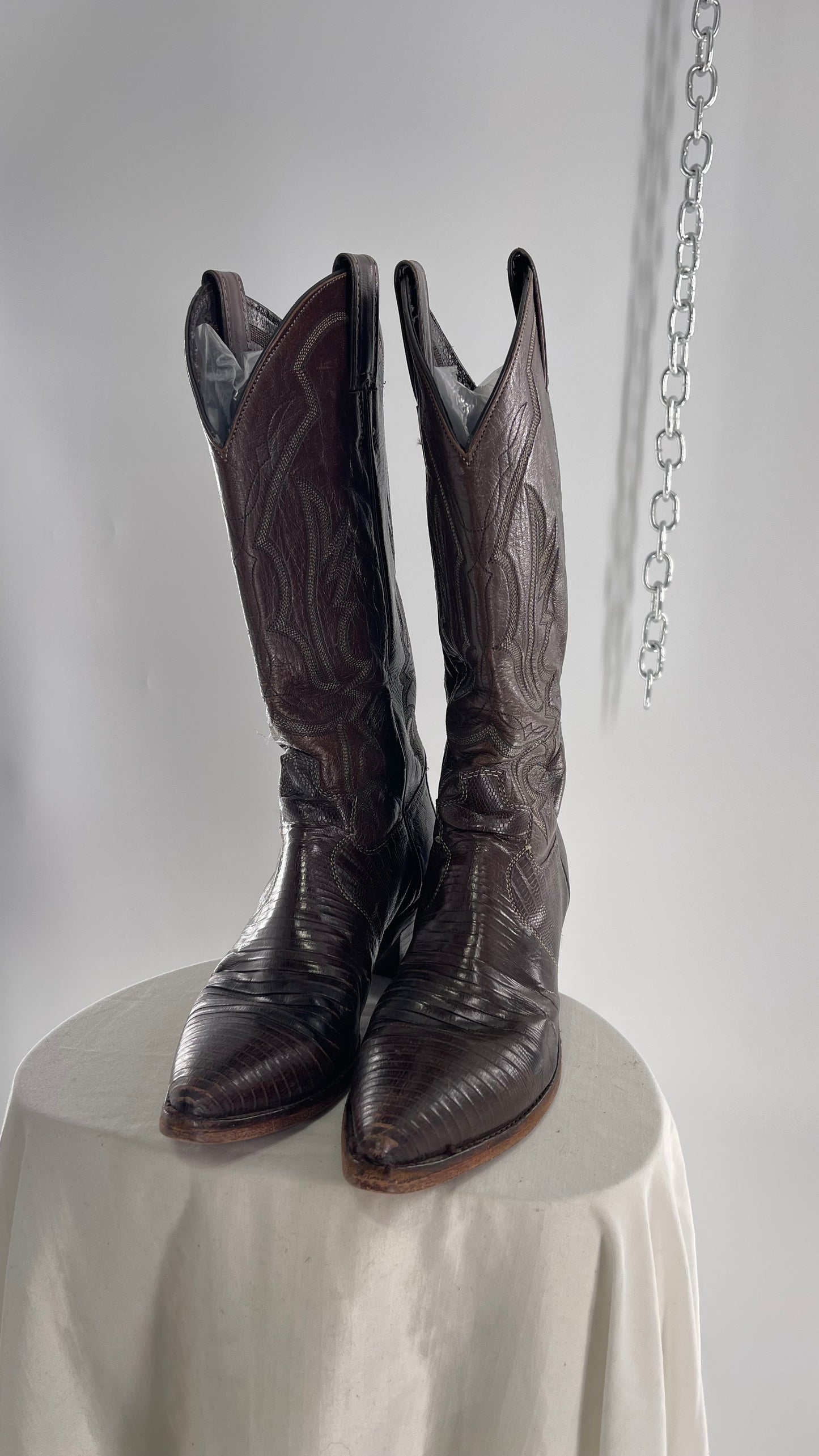 Vintage JUSTIN Dark Brown Leather/Lizard Pointed Toe Cowboy Boots Worn In (7.5)