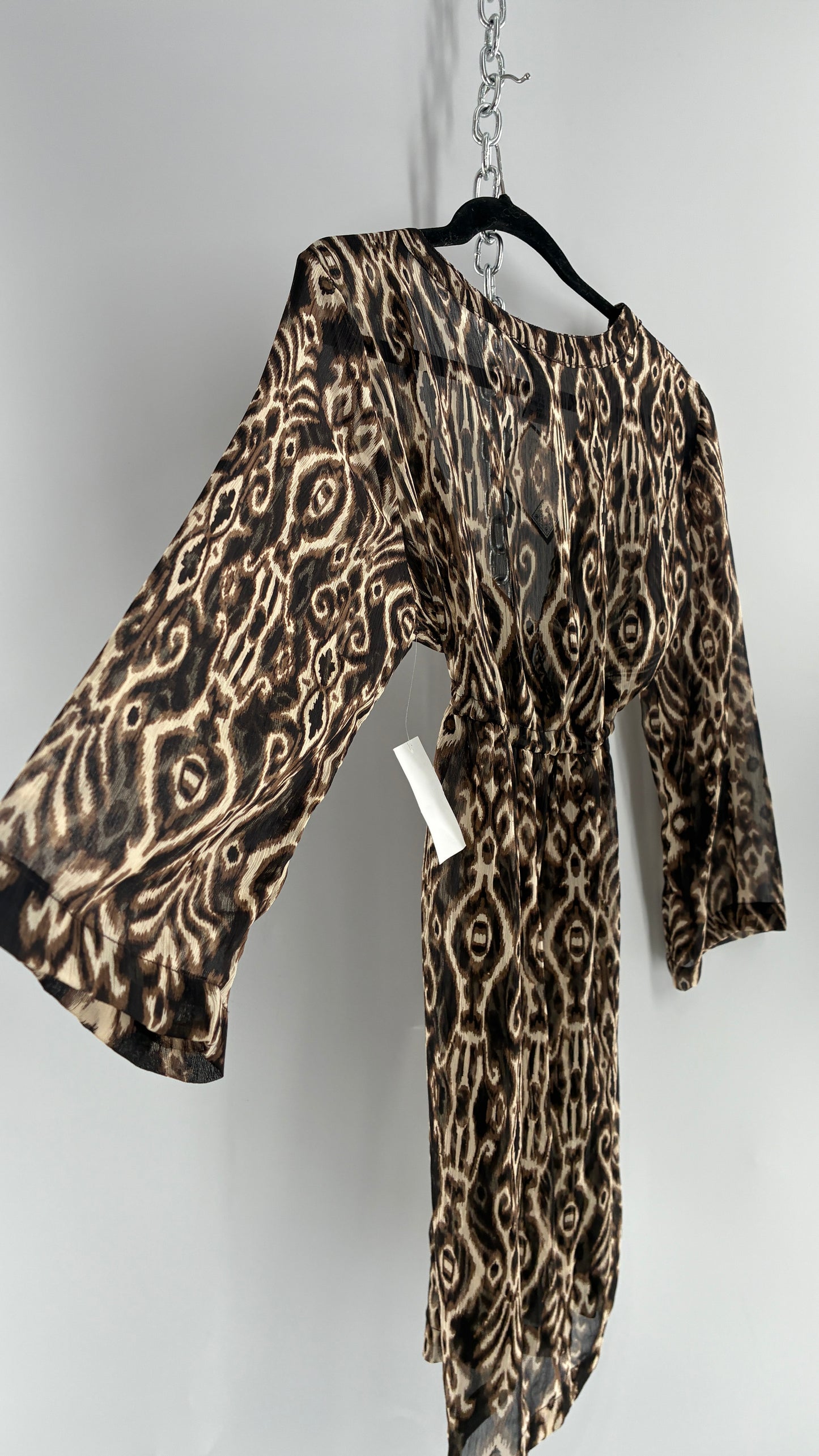 Deadstock Vintage BALI CLUB Animal Print Sheer Mini Dress Blouse with Underbust Cinching and Bronze Studs (Small)