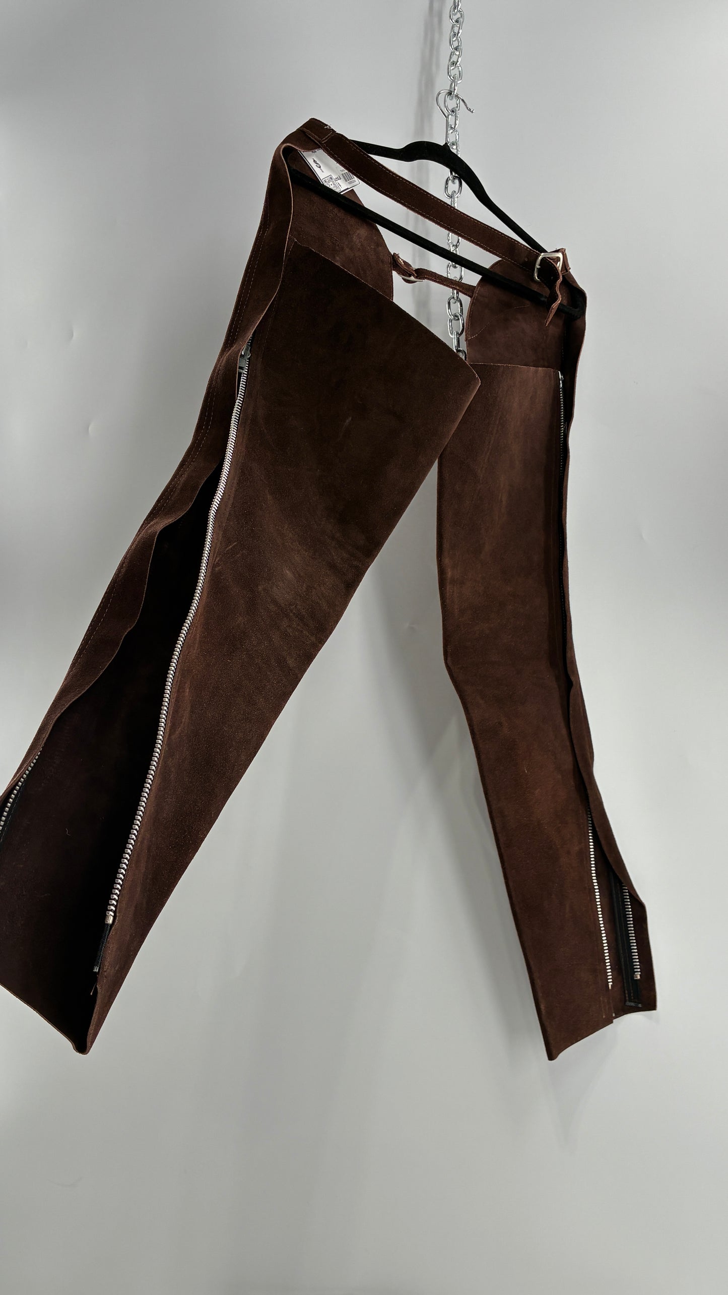 Vintage Chocolate Brown Genuine Suede Leather Chaps with Heavy Duty Side Zipper Detail (XS)