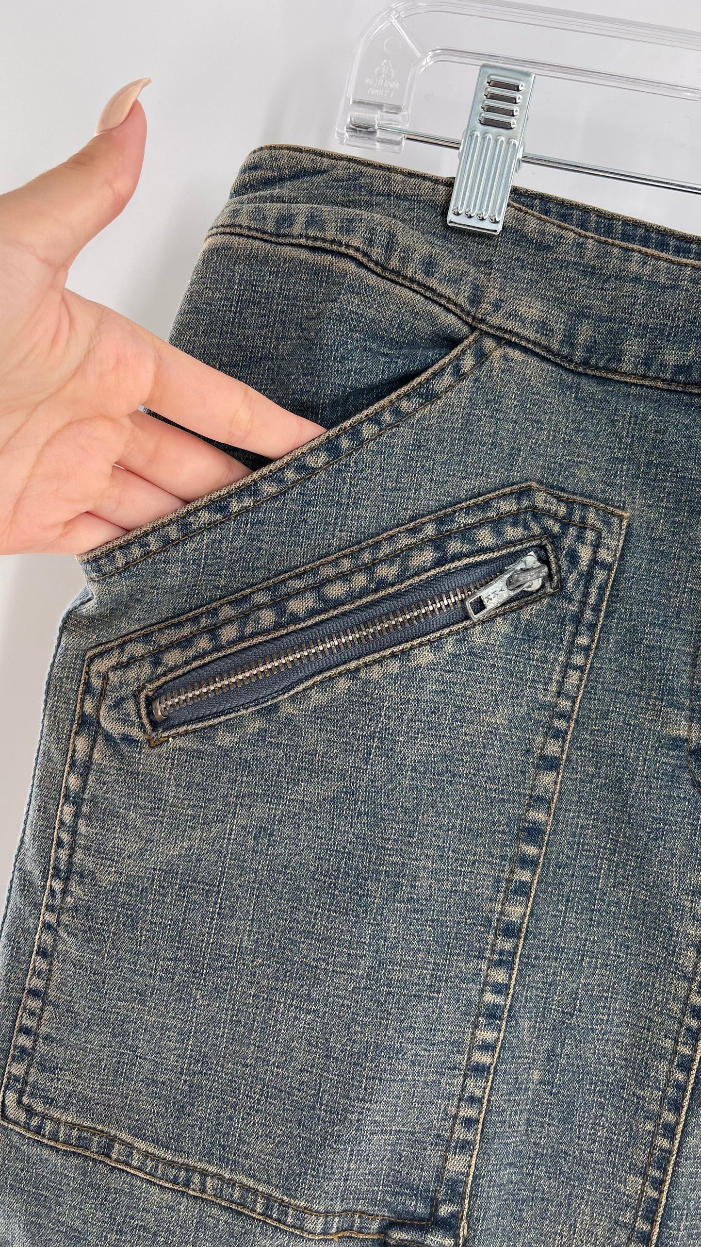 Vintage More Feminine w/o Limits Denim Skirt with Grommet Lace Up Sides and Fade (42)