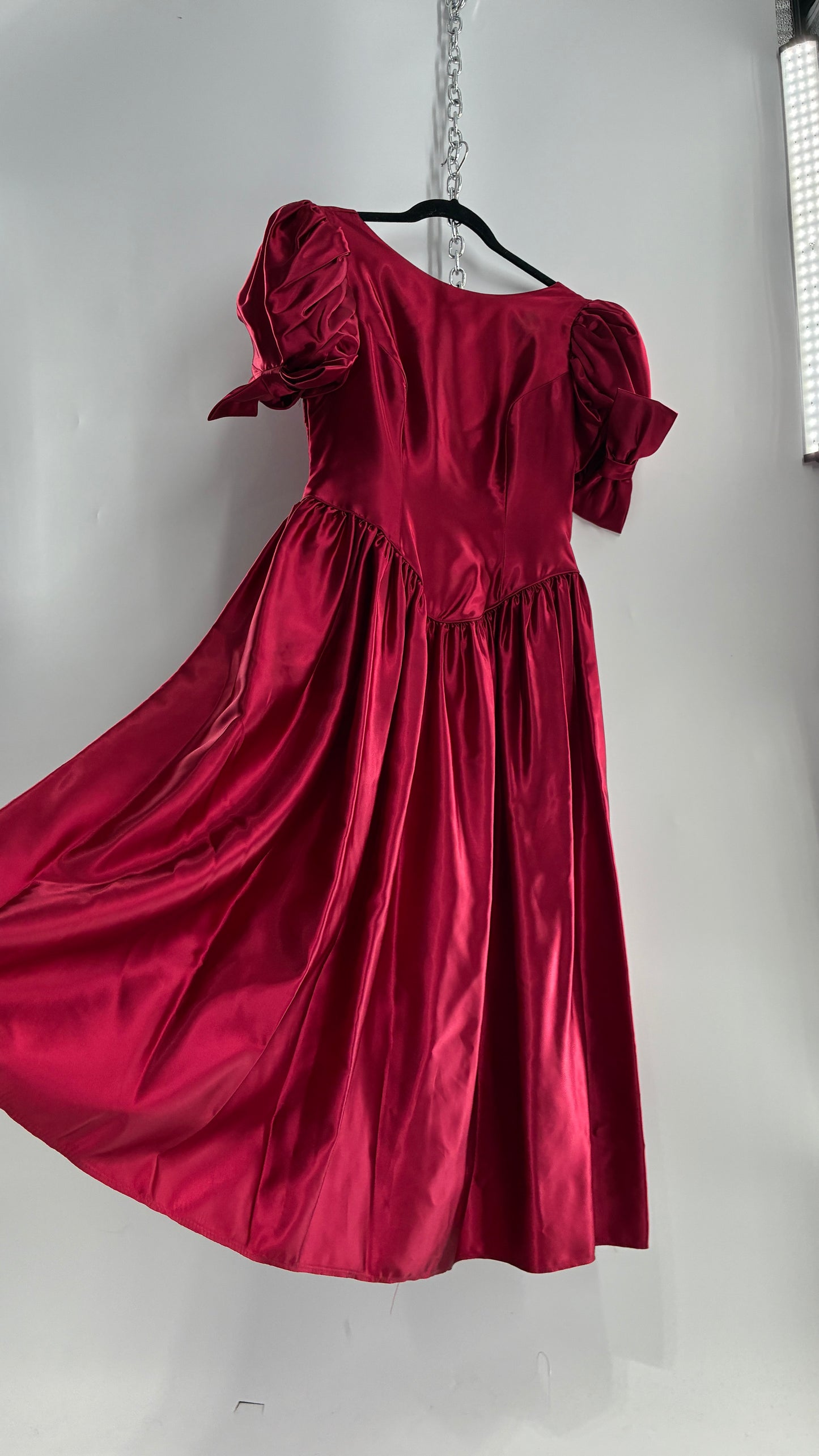 Vintage Red Silky Satin Corset Style Dress with Sweetheart Neckline, Puff Sleeves, Oversized Bow Bum, Open Back and Draping Pearls (10P)