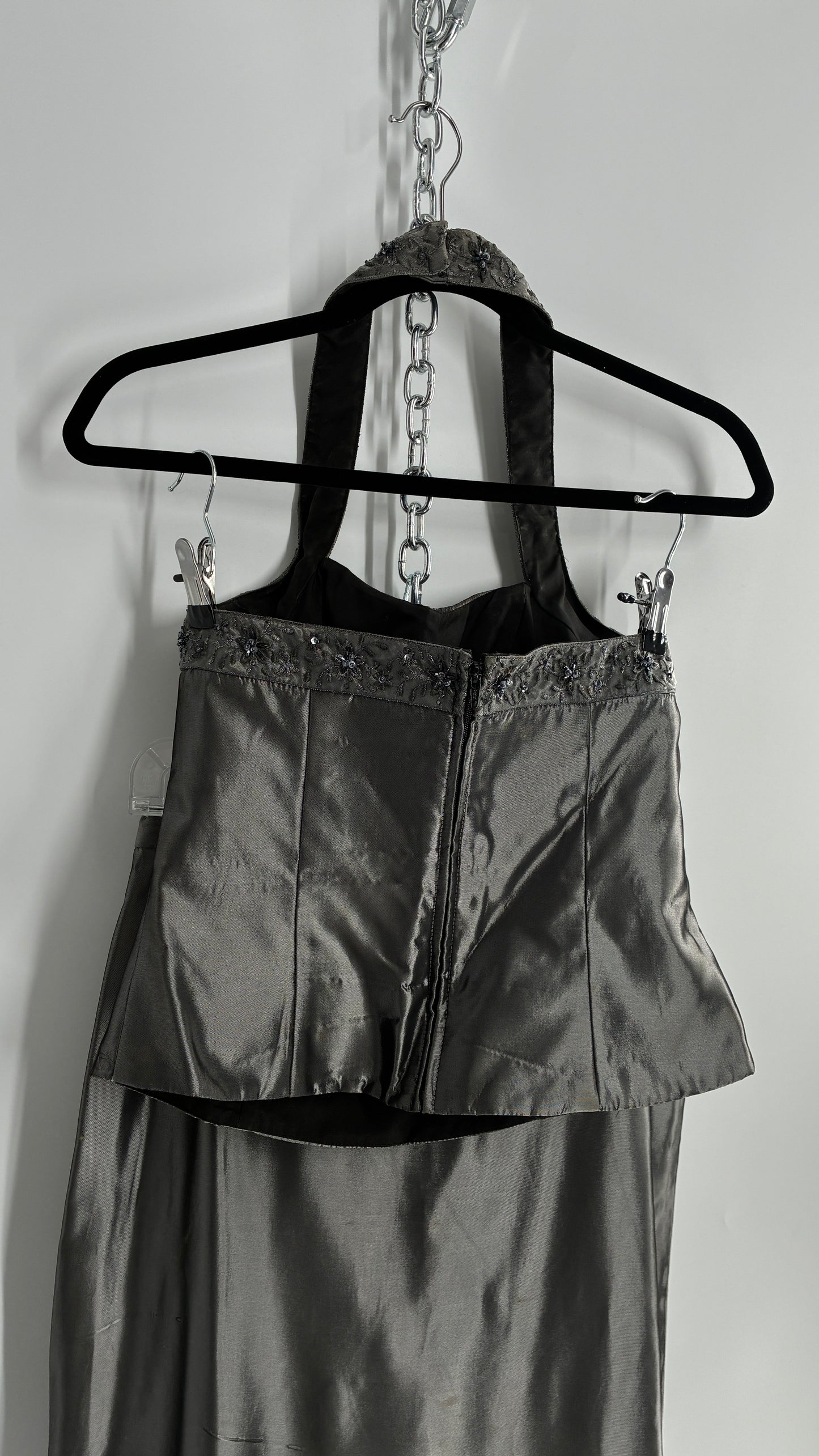 Vintage 1990s Davids Bridal SET Metallic Silver Corseted + Beaded Halter and Full Length Skirt (6Top, 8Skirt)