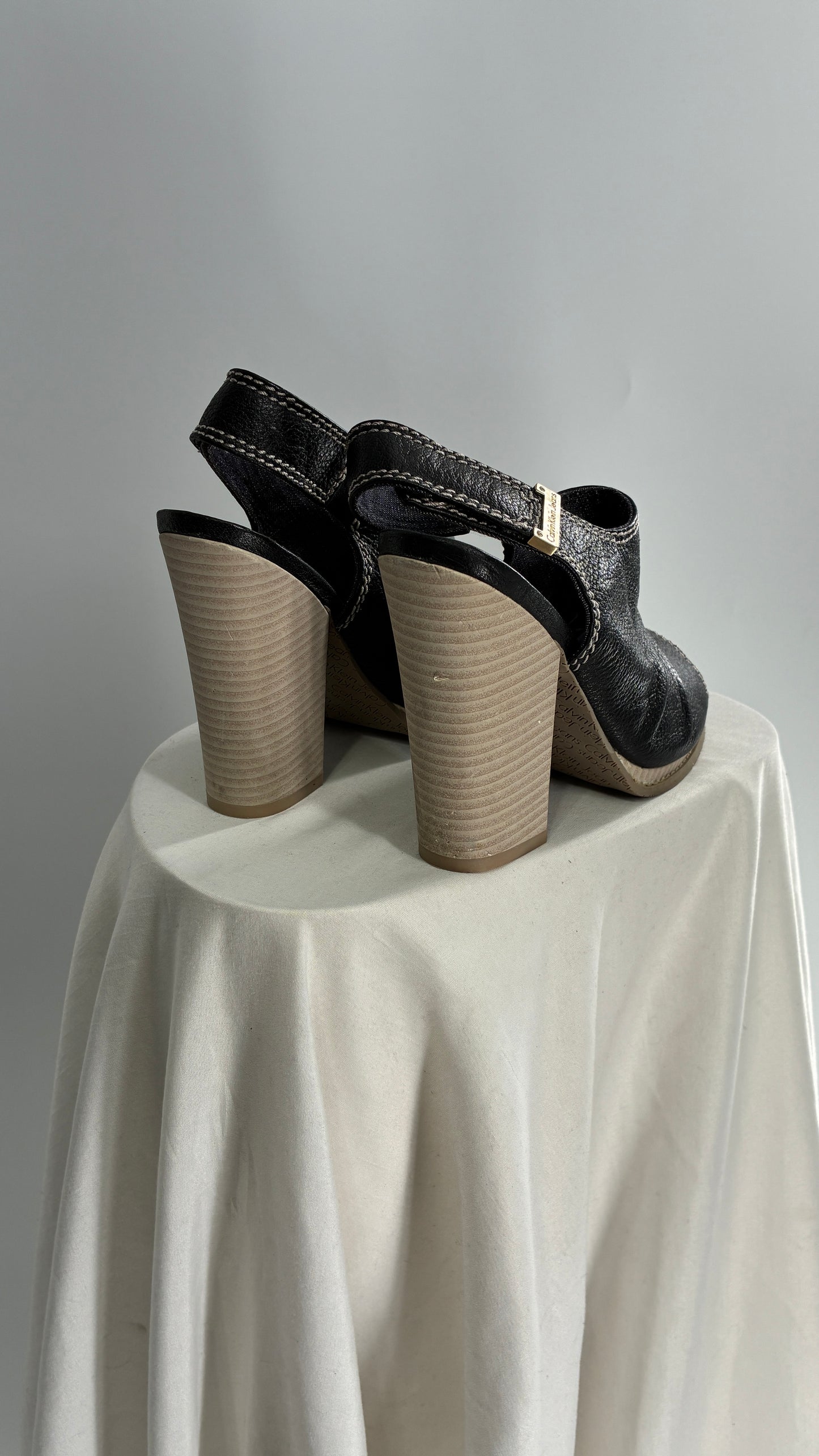 Calvin Klein Peep Toe, Ruched Black Leather Block Heel Slingbacks (7.5)